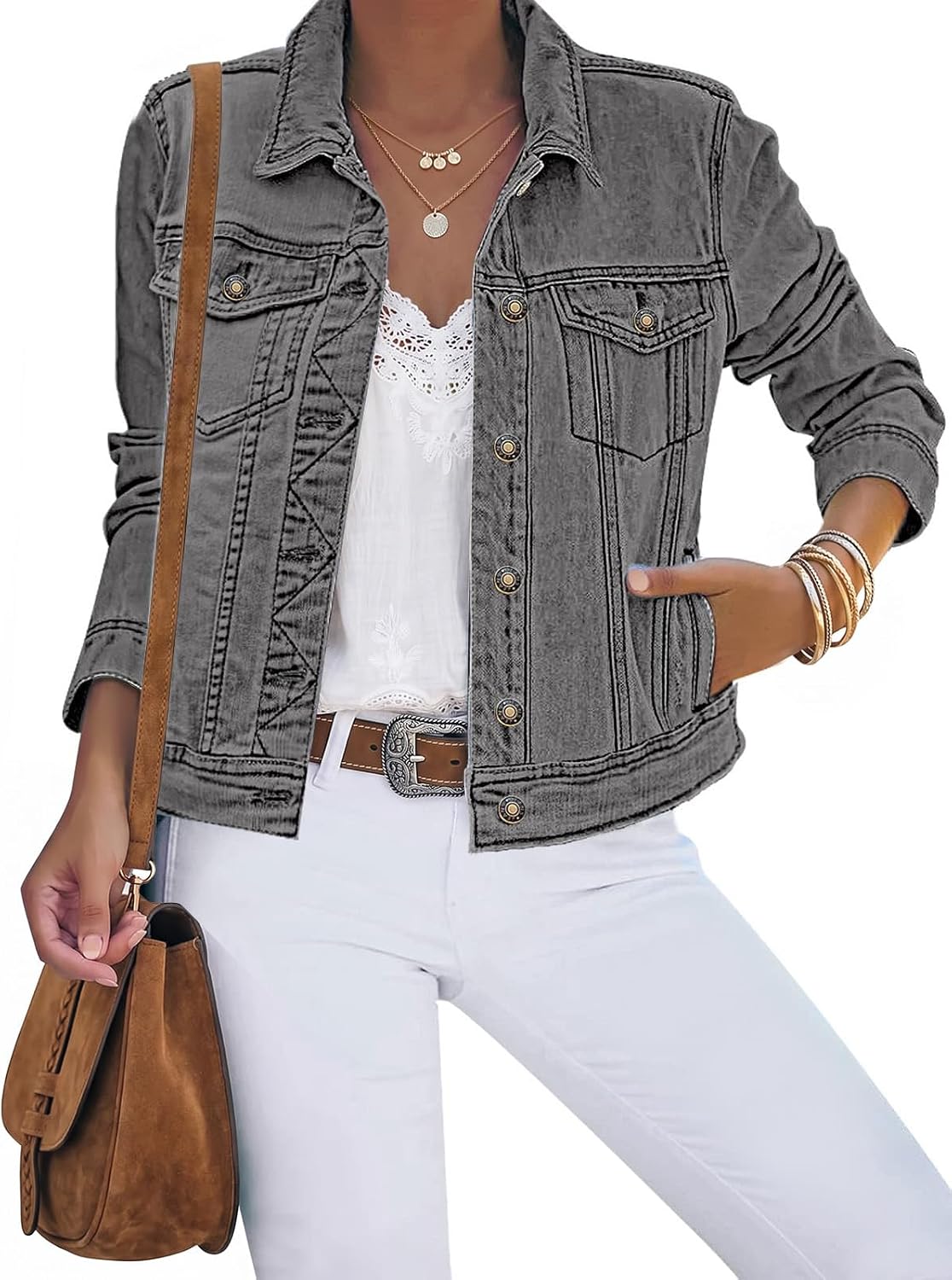  Women's Basic Button Down Stretch Fitted Long Sleeves Denim Jean Jacket thumbnail