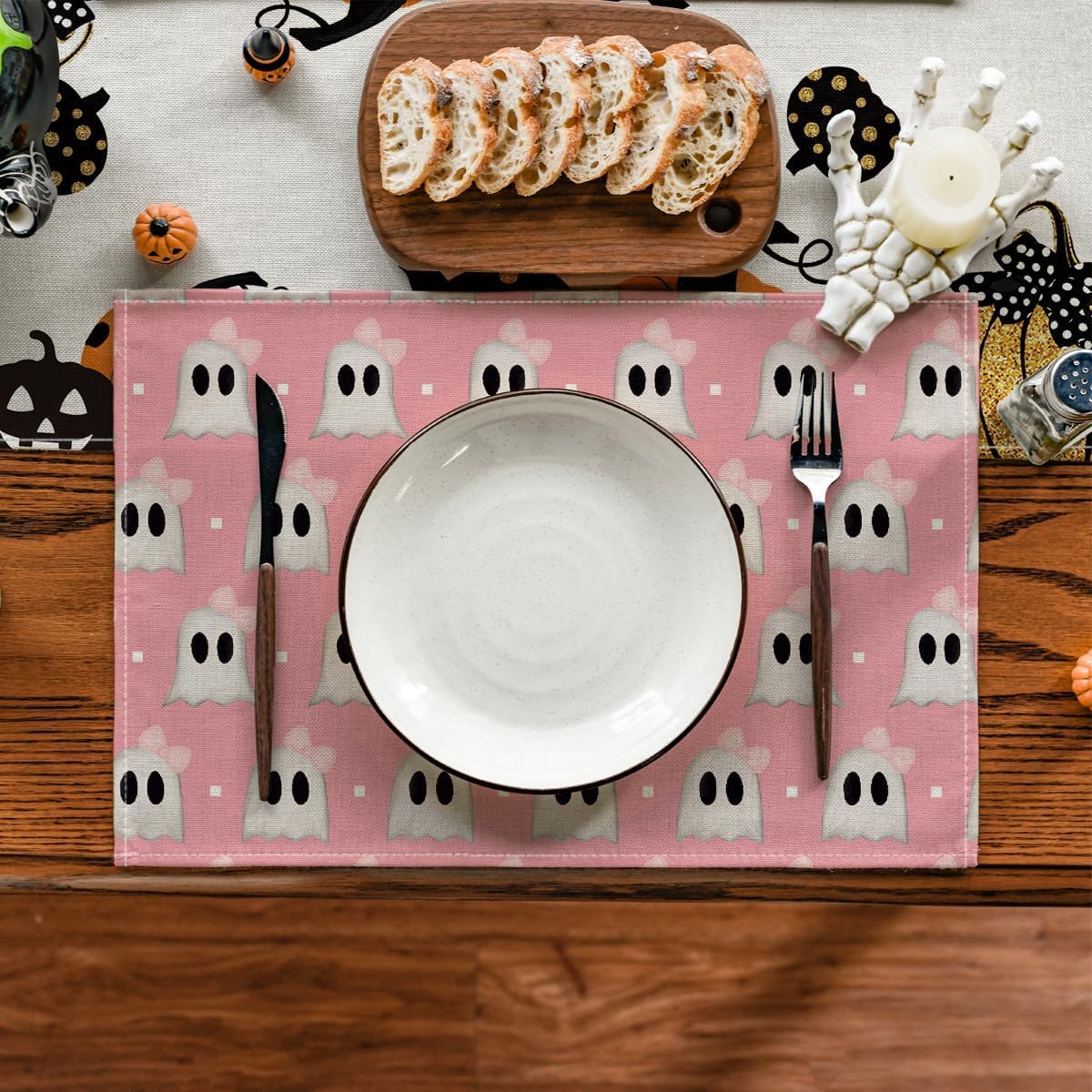 Artoid Mode Pink Stripes Ghost Halloween Placemats Set of 4-12 x 18 Inch