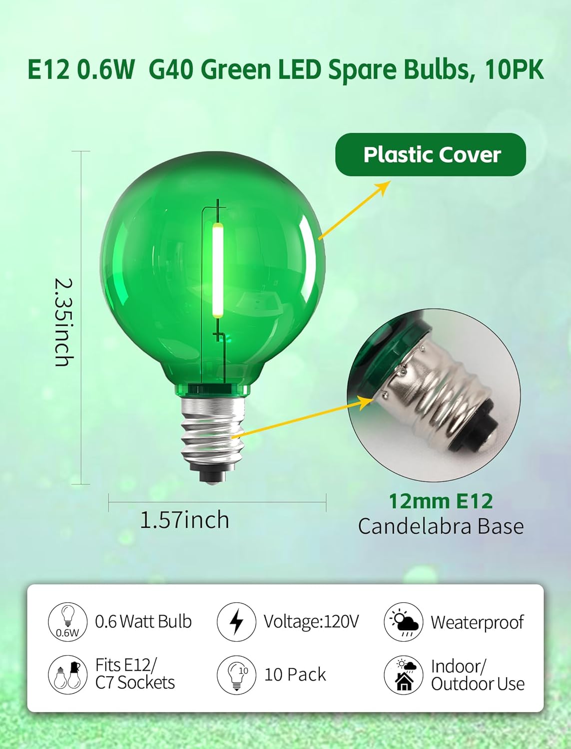 10 Pack G40 LED Replacement Bulbs, E12 Candelabra Base, 0.6W Green Globe Light Bulbs, Shatterproof Plastic Shell for Outdoor String Lights, Holiday Decor, 120V