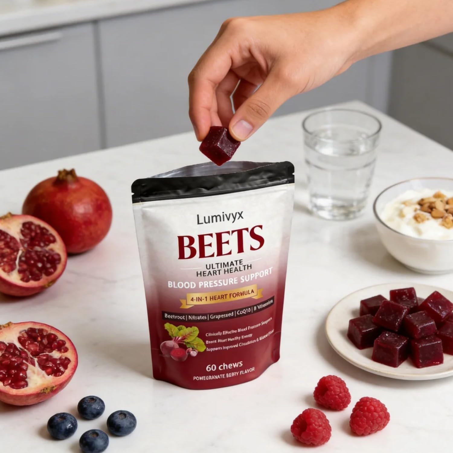 Beet Chews,Beetroot Powder, CoQ10, Essential B Vitamins, and Grapeseed Extract，60 Count