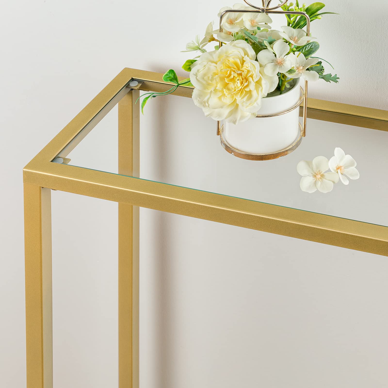 HOOBRO Tavolo Console a Ripiani, 100 cm Tavolo Ingresso con Piano in Vetro Temperato, Tavolo Display per Decorazione, Telaio in Metallo, Soggiorno, Corridoio, Oro Metallico e Trasparente EGD04XG01