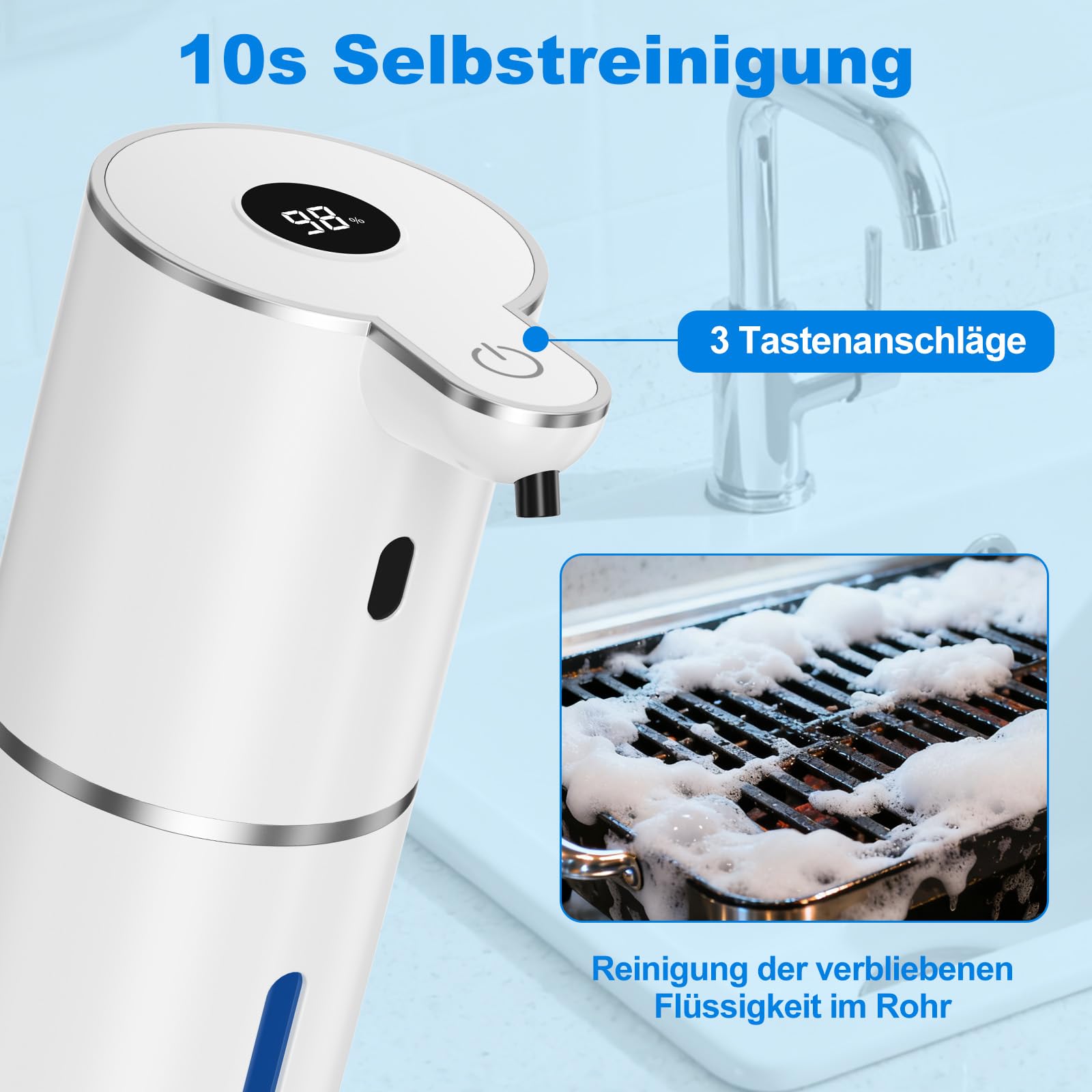 Fantictas Dozownik mydła automatyczny, elektryczny dozownik mydła z wyświetlaczem, ładowany przez USB, 6-stopniowa regulacja, 380 ml, montaż na ścianie, do łazienki/kuchni/płynu do mycia