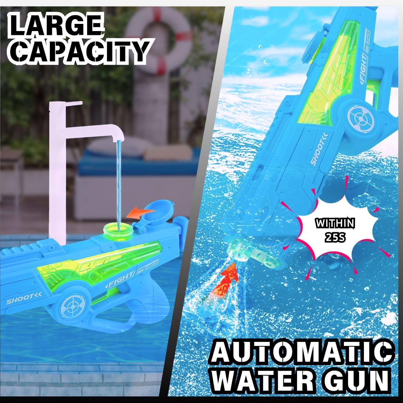 2 Pack Electric Water Guns - Full Automatic Suction Power Soaker Blasters 32 FT Range, Summer Outdoor Pool Auto Squirt Toys for Adults Kids (Red/Blue)