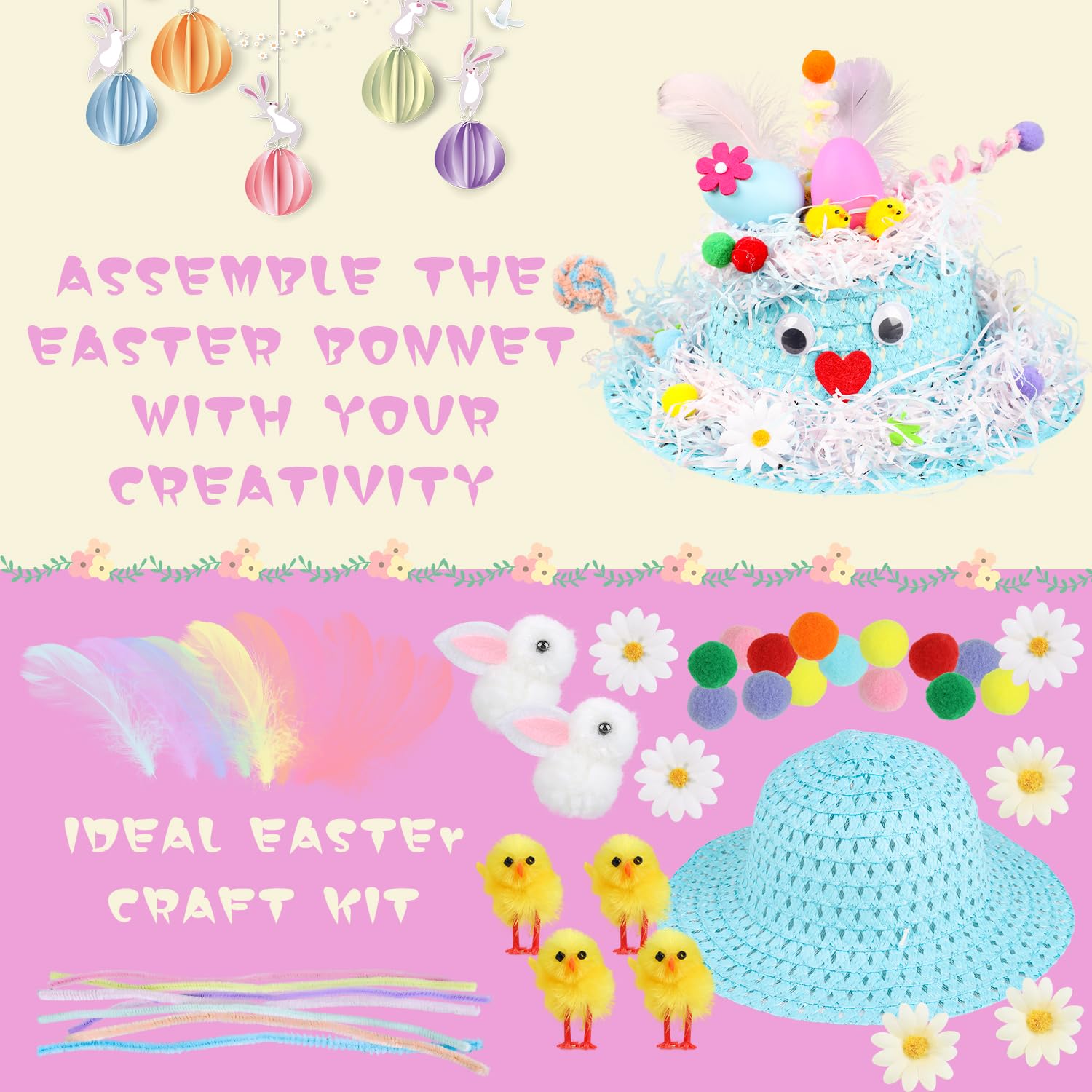 JOFONY Easter Bonnet Kit, DIY Easter Bonnet Kit Kids Easter Bonnet Hat Make Your Own Easter Hat, Easter Hat for Easter Craft Supplies(Blue) — view 4