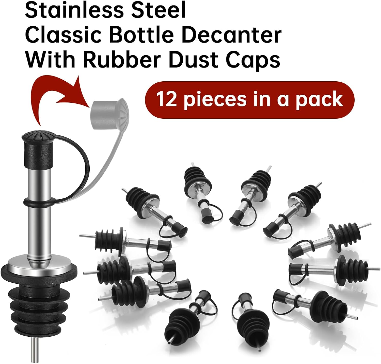 12Pcs Liquor Pour Spouts,Stainless Steel Wine Bottle Pourers with Caps Speed Wine Bottle Pourers With Stoppers Speed Bottle Pourer for Liquor Bottle,Oil Bottles （Built-in air hole） (12PC)