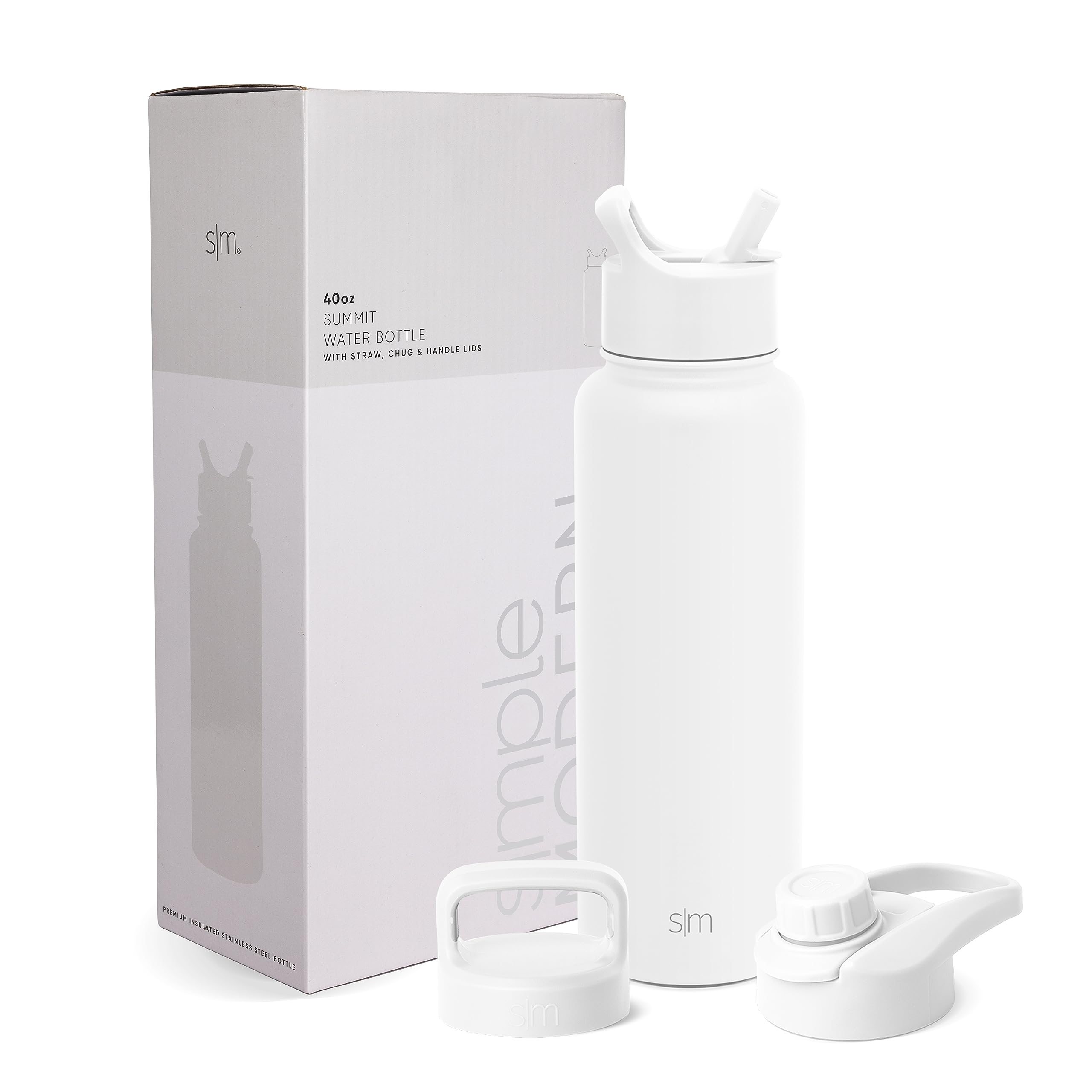 Simple Modern Water Bottle with Straw, Handle, and Chug Lid Vacuum Insulated Stainless Steel Metal Thermos Bottles | Large Leak Proof BPA-Free Flask for Gym | Summit Collection | 40oz, Winter White