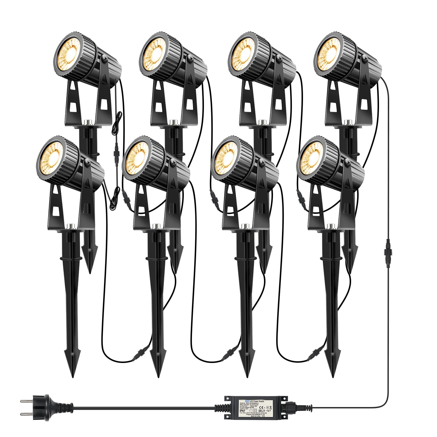 8 luci da giardino Faretto da giardino a LED bianco caldo Illuminazione 24V 24W da giardino a LED con picchetto da terra Lampada da giardino 2100LM 26 m IP65 di cavo per esterno prato da giardino
