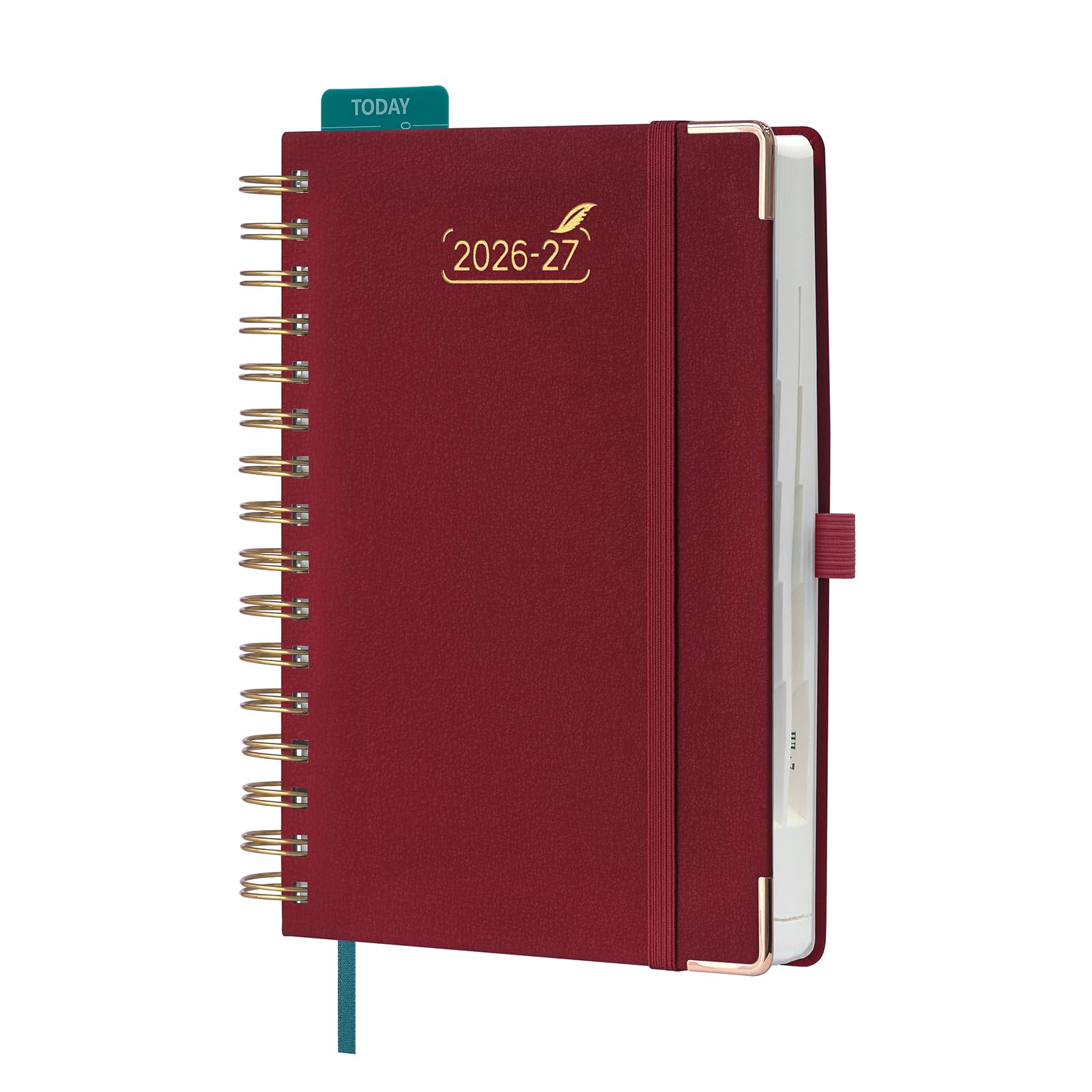 BEZEND Agenda 2026 2027 Giornaliera A5 Spirale, 12 Mesi da Ago.26 a Lug.27, Diario Scuola 21 x 15,5 cm con Angoli Protettivi Dorati, Intervalli di 30 Minuti, Copertina Rigida Pelle PU, Borgogna