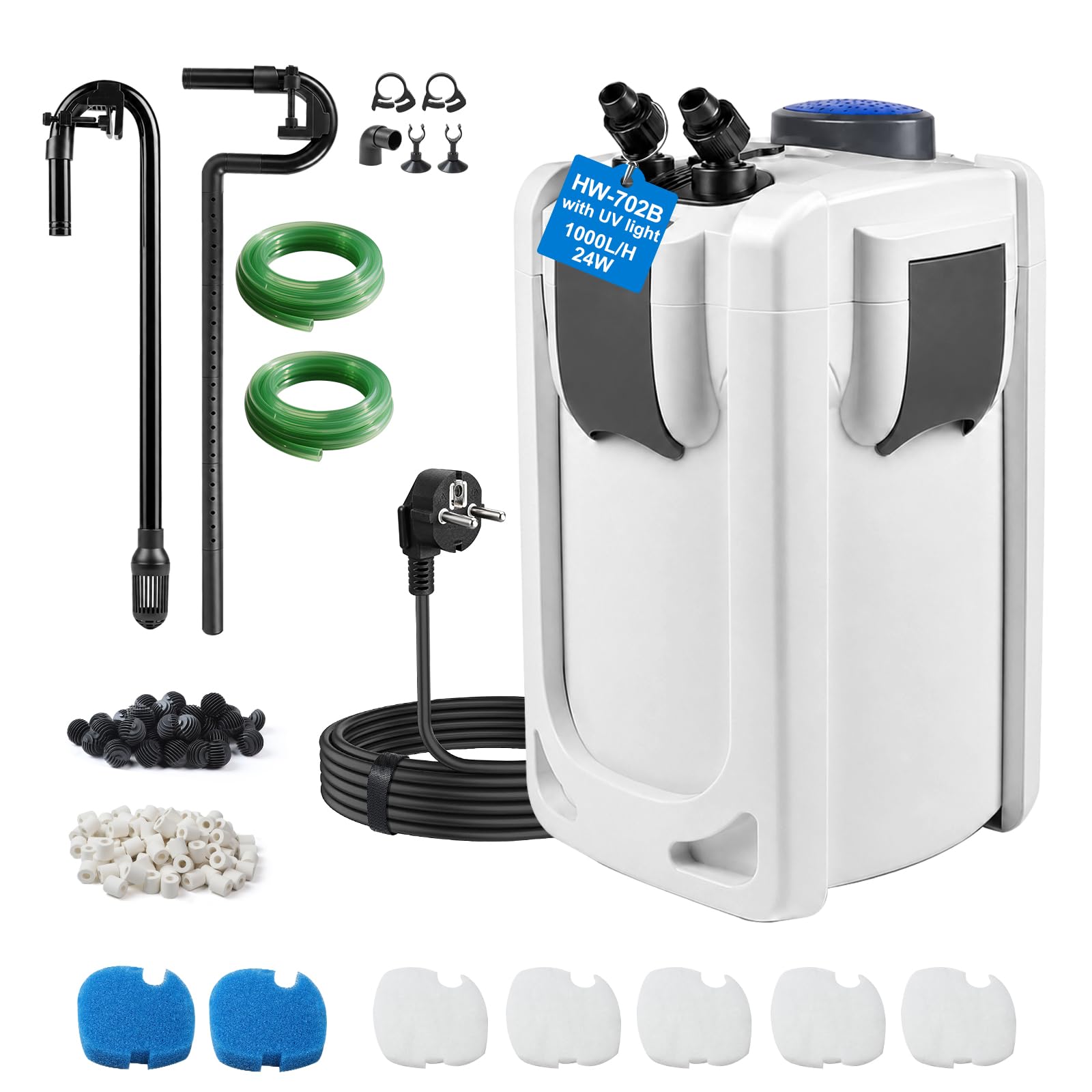 EXLECO Filtro Externo Acuario con Lámpara 9W UVC 1000L/H 24W Filtro Pecera Flujo Ajustable con Material Filtrante y Manguera Acuario Tubo, Bomba de Filtrar Aquário para Pecera