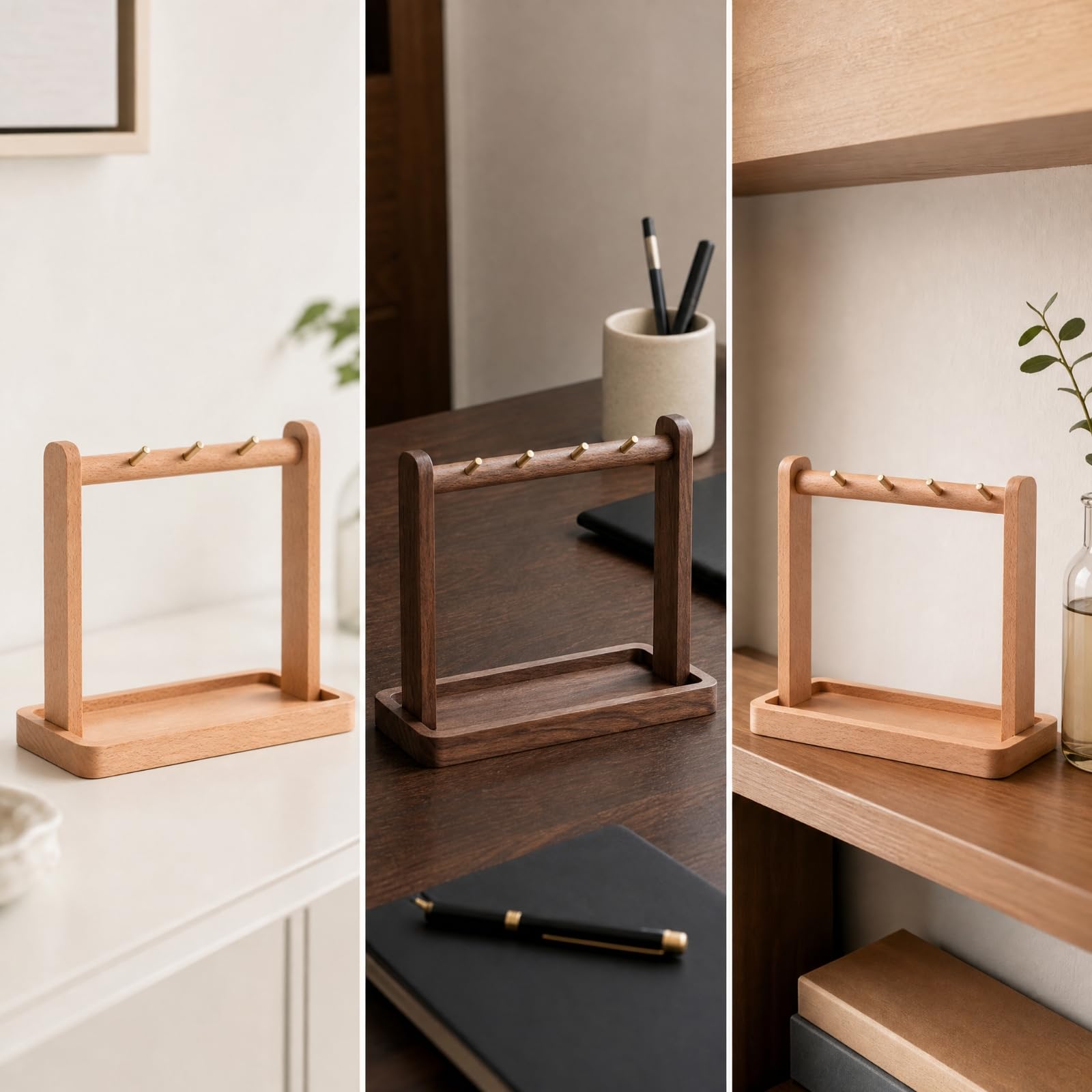 Organizador para Mesa Madera Maciza Compacto Mesa con Ganchos Metálicos Versátil Llaves con Bandeja para Mueble Zapatos,