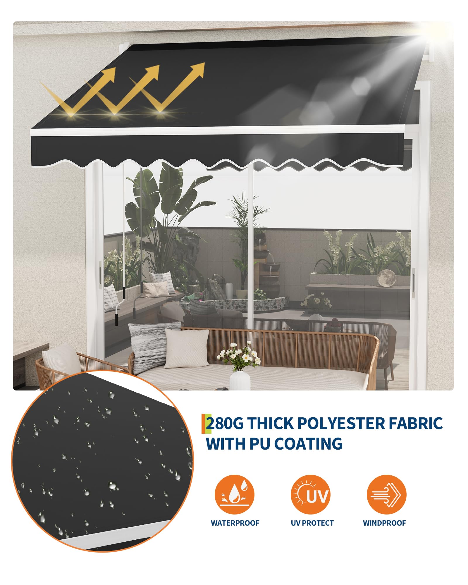 GarveeLife Store à Bras articulé 400 x 250 cm, UV40+ et imperméable, avec manivelle et Support Mural, Longueur + Angle réglable, Stores pour terrasse et Balcon, Protection Solaire, de Balcon