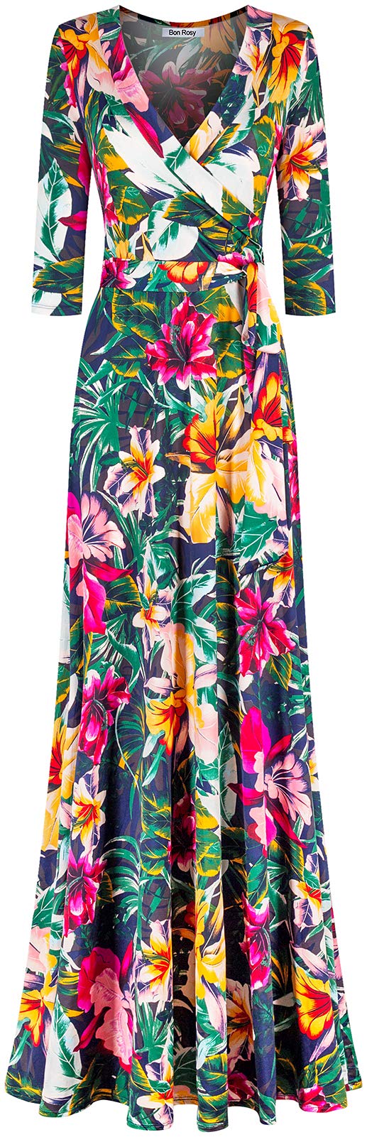Women's 3/4 Sleeve V-Neck Printed Maxi Faux Wrap Dress Navy S