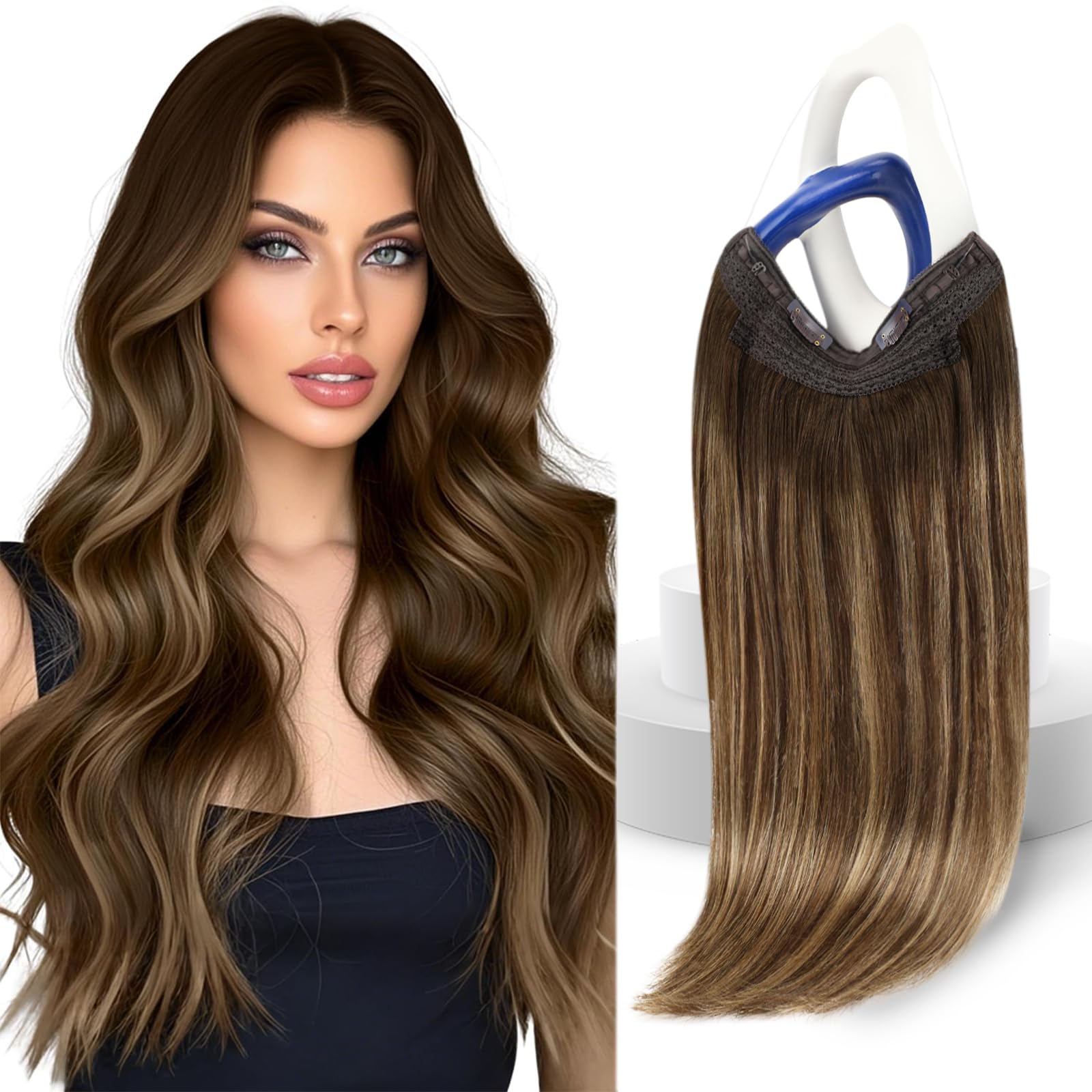 Sunny Hair Wire Hair Extensions Real Human Hair Fish Line Human Hair Extensions Invisible Wire Extensions Dark Brown to Caramel Blonde with Dark Brown Highlights #4/27/4 24 Inch