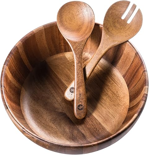 BILL.F - Ensaladera de madera, 12 pulgadas, juego de ensaladas de madera de acacia grande con servidores, juego de ensaladas grandes de 3 piezas
