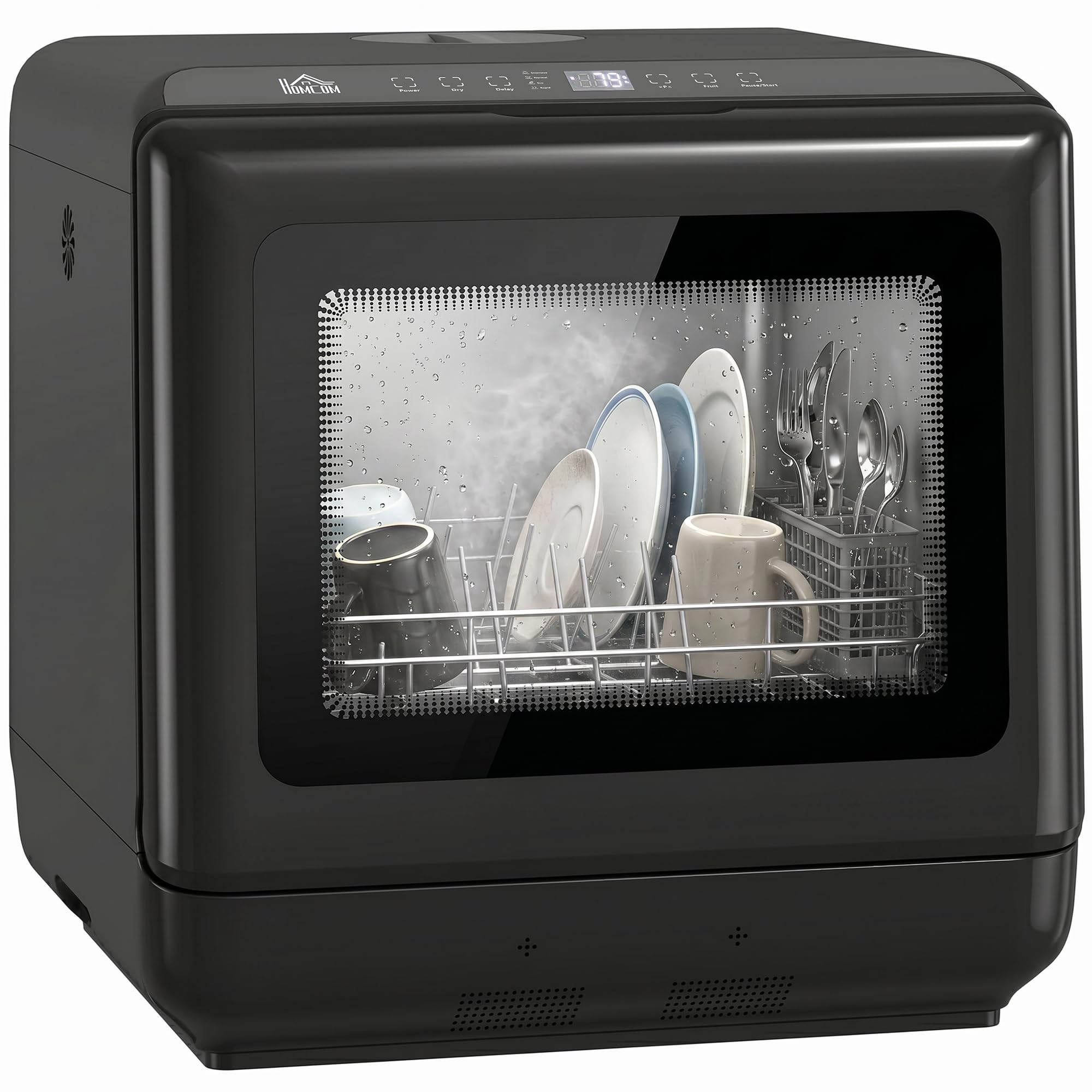 HOMCOM Lavavajillas de mesa mini lavavajillas con depósito de agua integrado de 6 litros, 5 programas, control táctil, pantalla LED, 4 cubiertos, doble suministro de agua y función de secado al aire