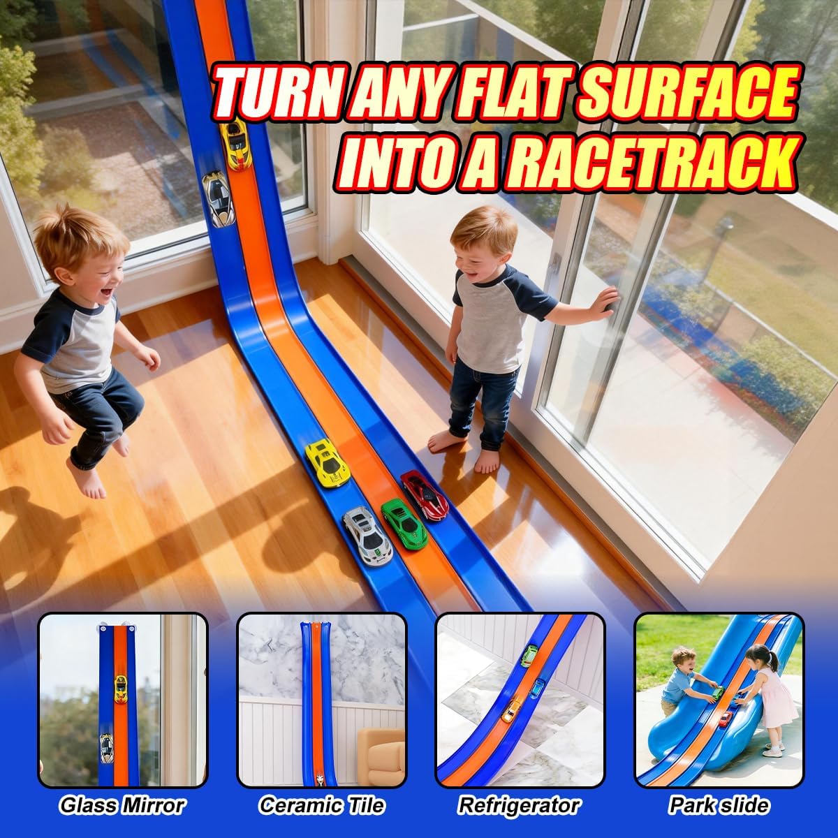 3-Lane Flexible Race Track for Kids 16.4 FT Race Car Track Compatible with Hot Pull-Back Wheels Diecast 1/64, 3 High-Speed Pullback Cars, DIY Racetrack Toy Strong Suction Cups (3399-Orange)