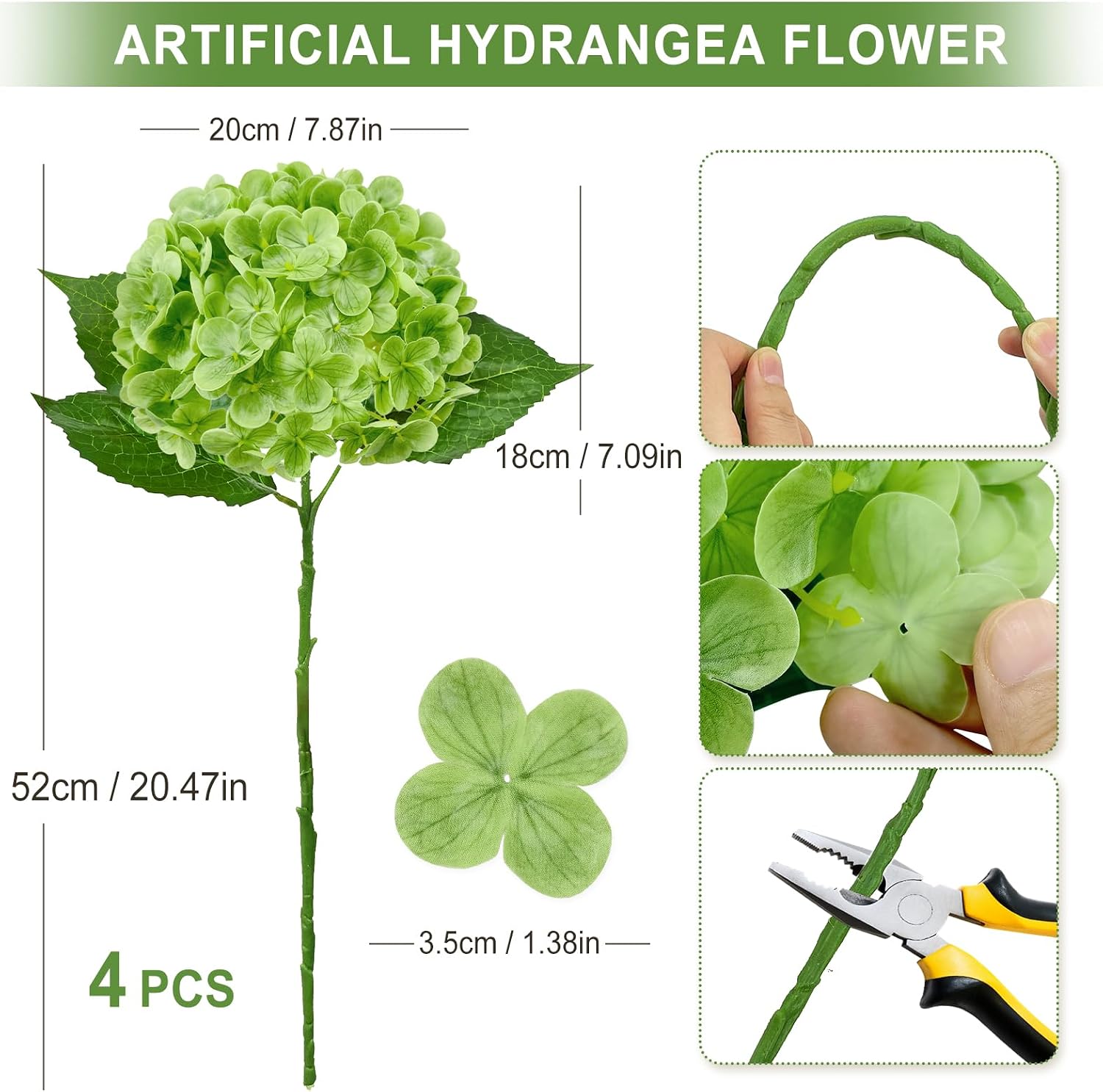 4 PCS Real Touch Hydrangea Artificial Flowers 20.5", Green Latex Faux Hydrangeas Large Fake Flowers with Stems Leaves for Family Table Wedding Bouquet Party Centerpieces Home Decor in Vase