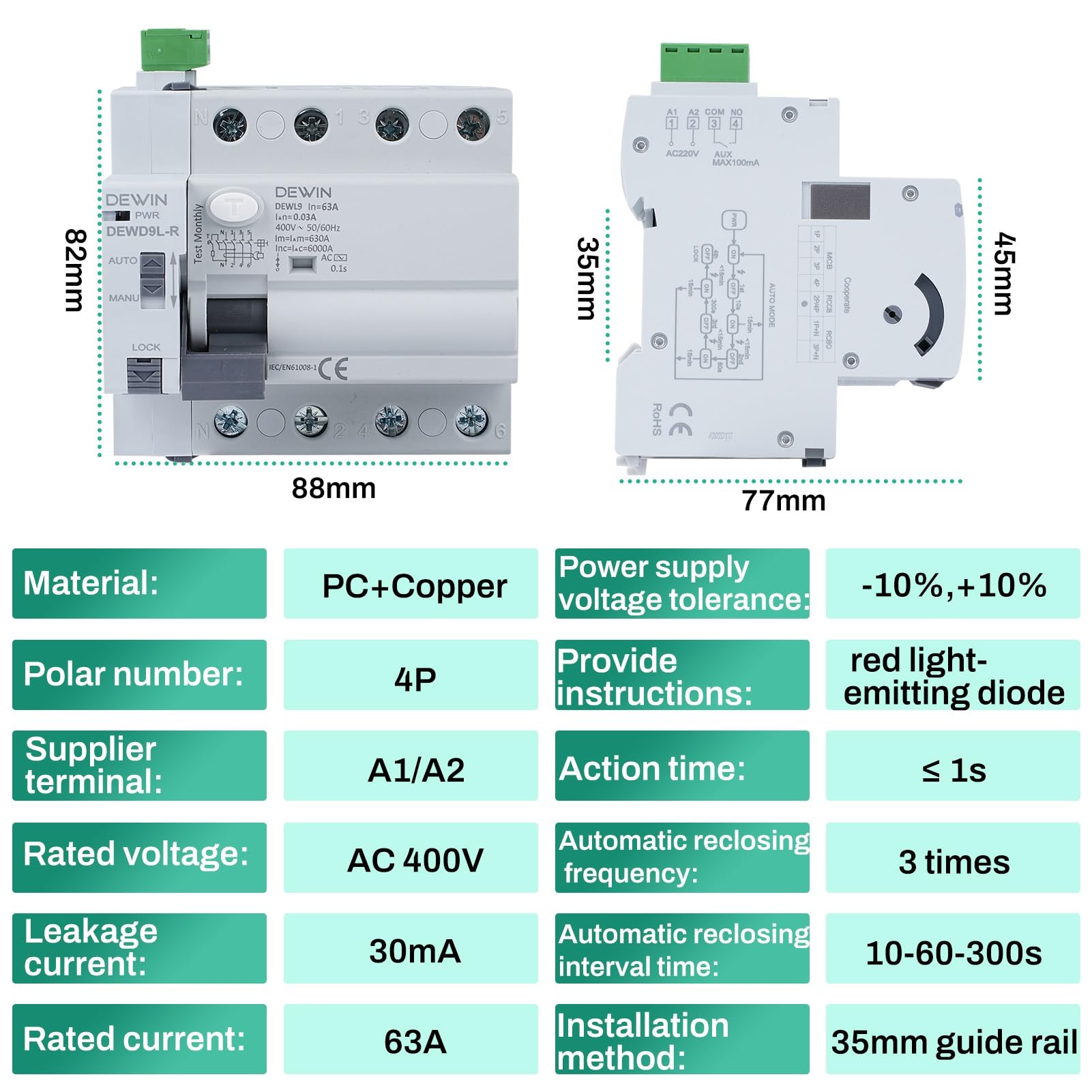 DEWIN FI-Schutzschalter mit Automatische Wiedereinschaltung, DEWD9L-R RCCB Automatisches Wiedereinschaltgerät Leistungsschalter Smart Breaker 4P 63A 30mA AC 400V