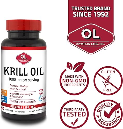 Miniatura 3 de Olympian Labs Aceite de krill antártico, cápsulas de 1000 mg con astaxantina, omega-3, EPA, DHA, inmune, apoyo articular y cerebral, 60 cápsulas