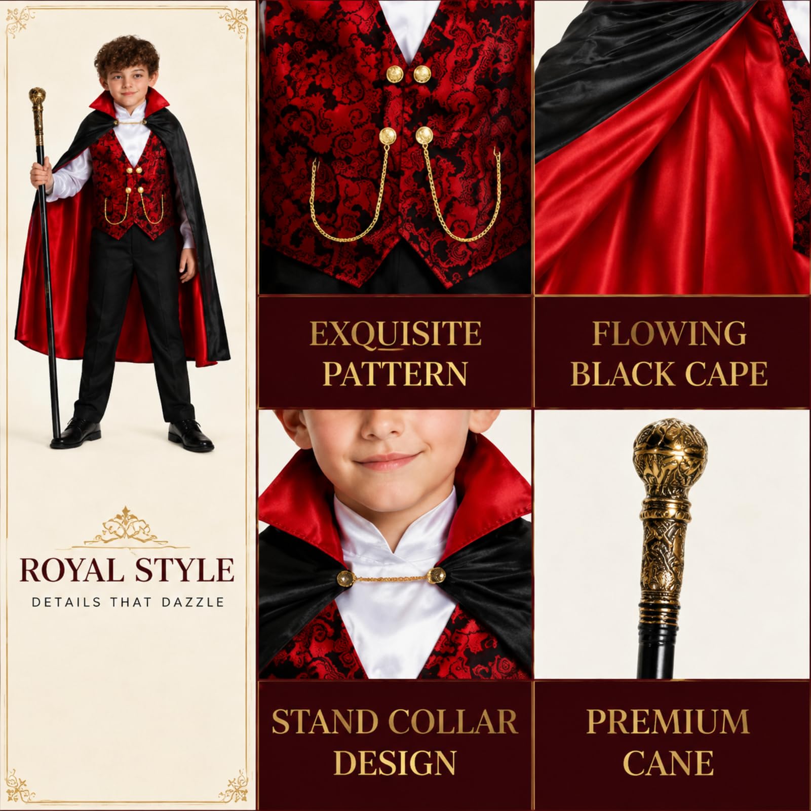 Costume da Vampiro per Halloween per Bambini con Mantello, Camicia, Pantaloni e Bastone, Abbigliamento in Poliestere per Travestimento e Festa a Tema per Bambini (Piccolo)