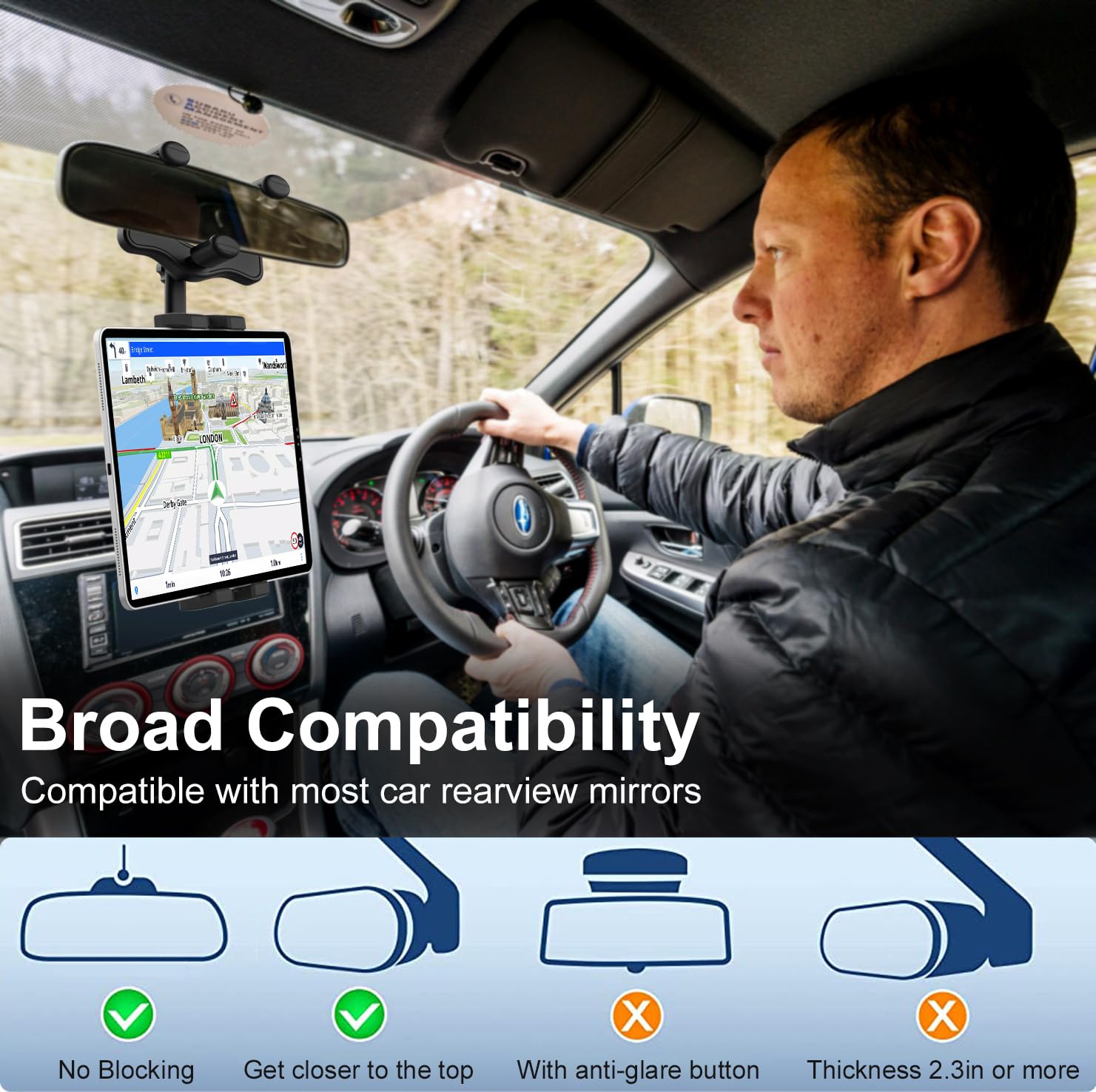 GDZN Rearview Mirror Car Tablet Mount, Retractable Arm Rear View Mirror Tablet Holder, 360° Rotatable Tablet Mirror Clip Compatible with iPad Pro Air Mini, Galaxy Tabs, Z Fold, Phone, 4-11