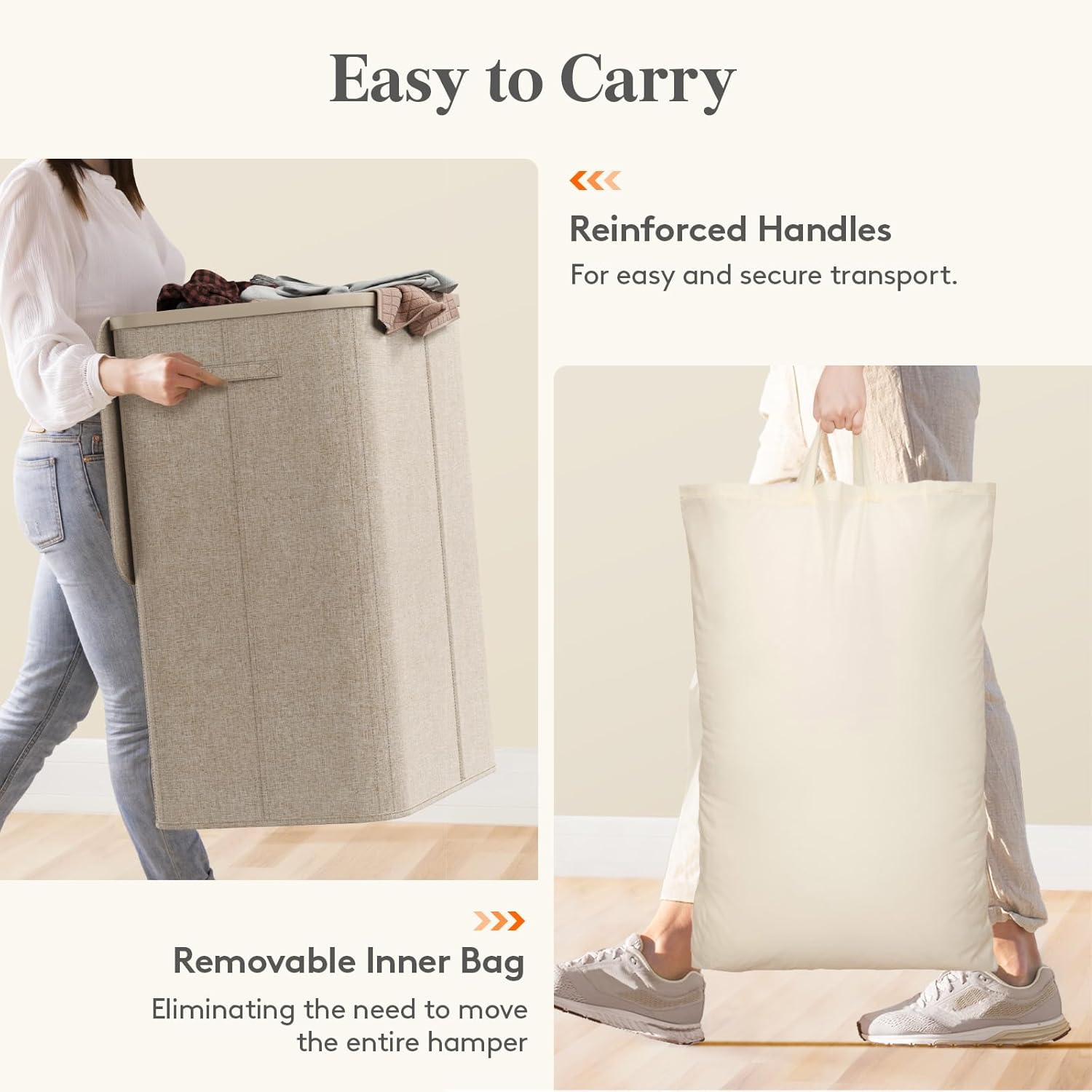 Lifewit 185L Large 3 Section Laundry Hamper with Lid, Plastic Laundry Basket with Bamboo Handles and Removable Bags, Tall Foldable Clothes Hamper for Bathroom Bedroom, Beige