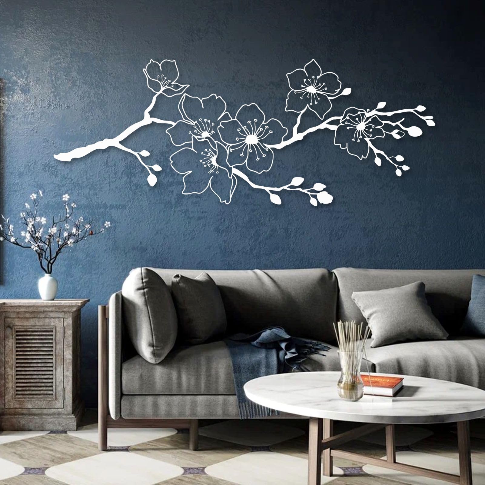 Decorazione murale in Metallo con Fiori di ciliegio Sakura, Arte Moderna Giapponese in Metallo, Scultura Moderna con Fiori di ciliegio Sakura per Soggiorno, corridoio e Scale (Bianco 41" Lx16