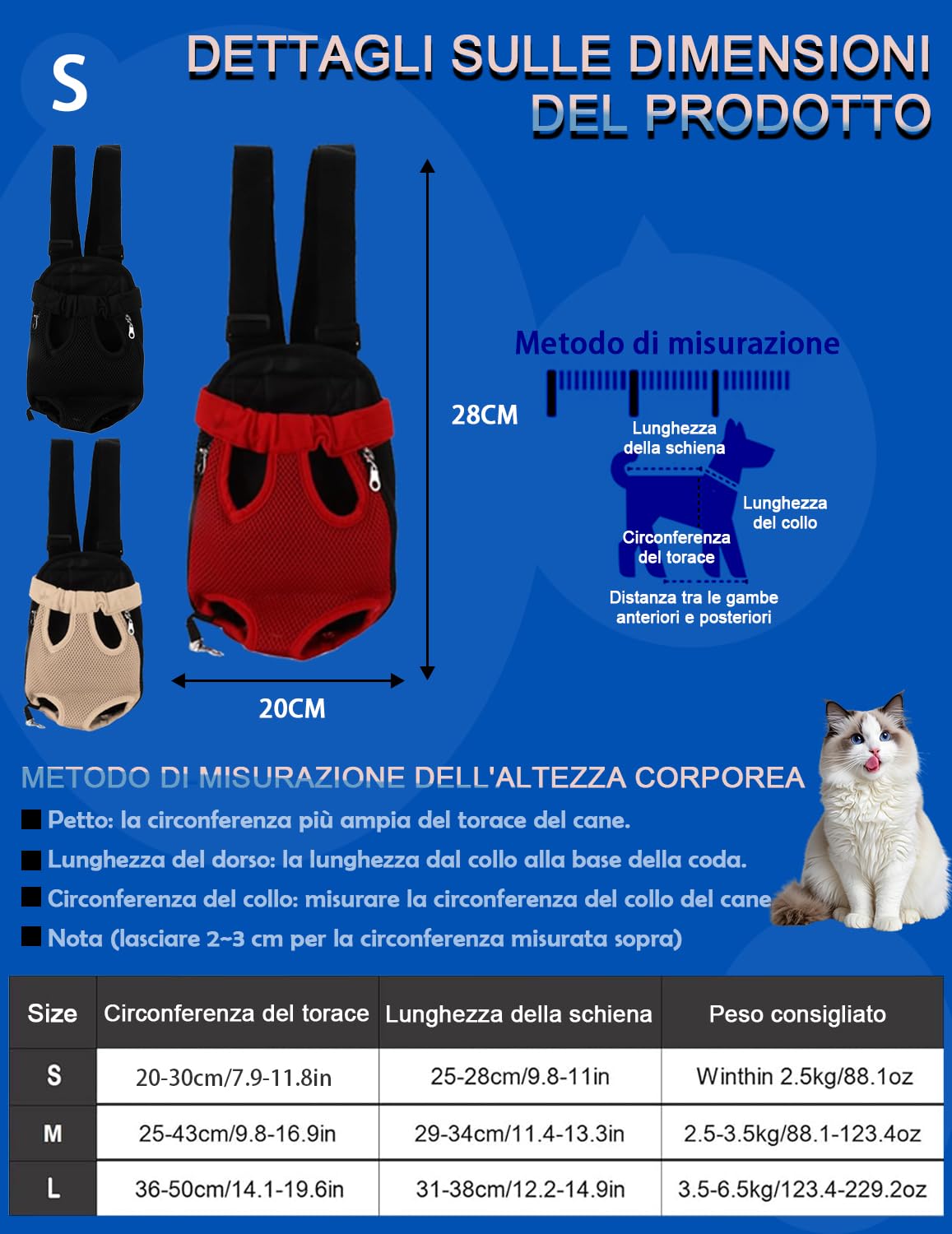 Zaino Pettorale Per Animali Domestici, Zaino Porta Cani Traspirante Portatile Per Animali Domestici Accessori Per Animali Domestici Per Escursionismo Bici da Viaggio Moto(S-rosso)