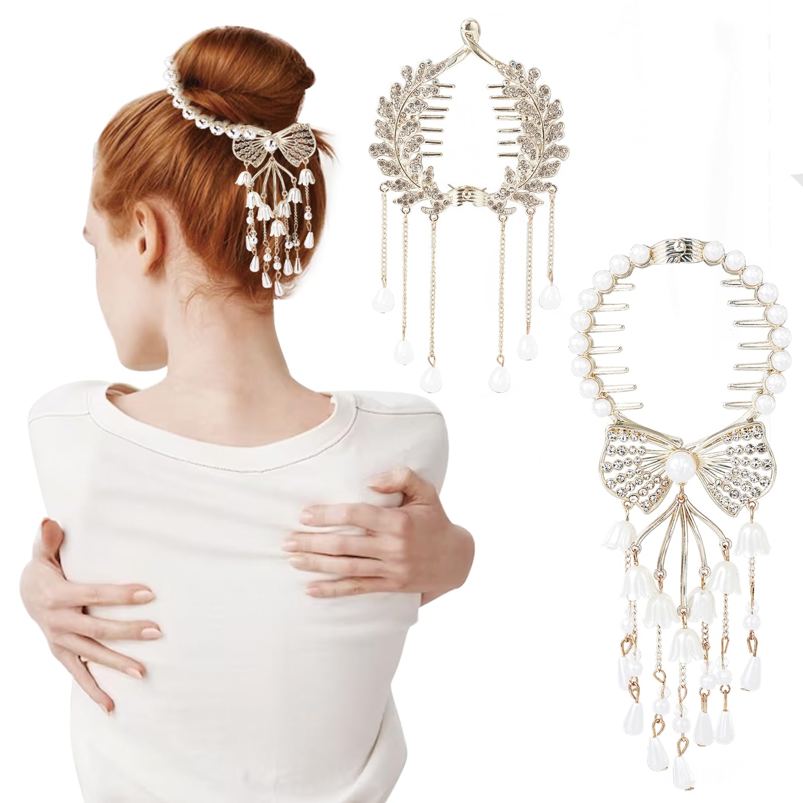 NICENEEDED Pearl Tassel Ponytail Hair Clip, Rhinestone Buckle Hairpin