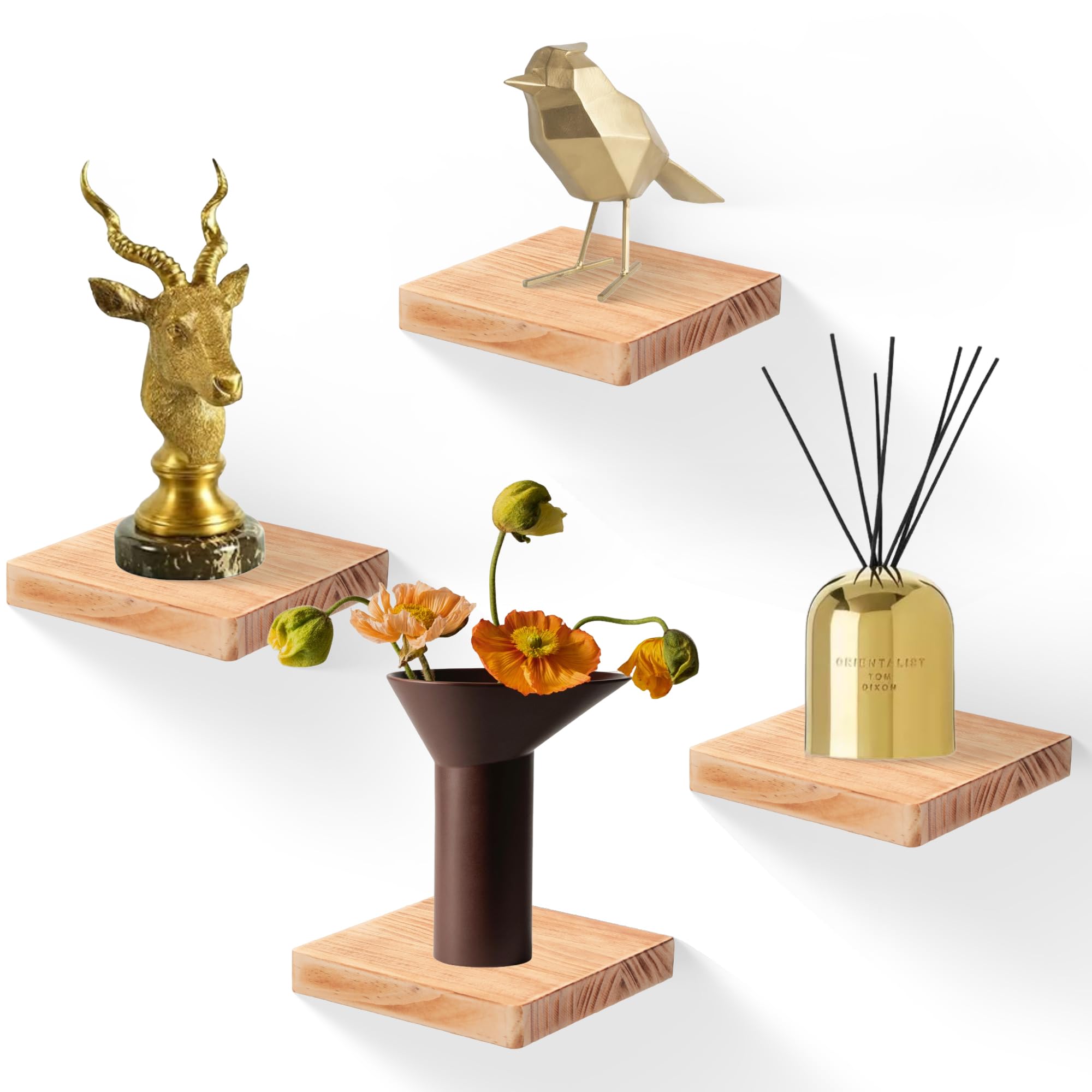 FURAOMEILI Floating Shelves for Wall Set of 4, 15.2 cm Solid Wood Square Shelves, Small Decorative Wall Display Shelf for Bathroom, Bedroom, Living Room & Kitchen – Carbonized Black