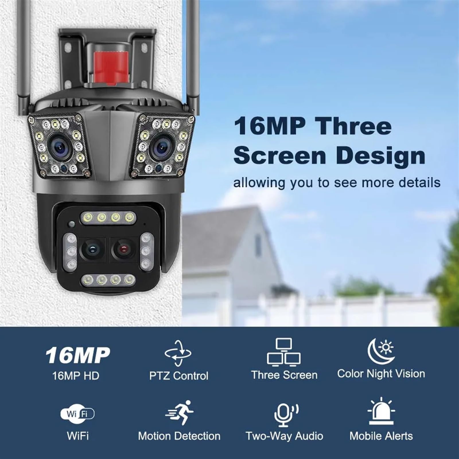 Kamera bezpieczeństwa, Kamera Wi-Fi 16MP 8K Zoom 12X Cztery obiektywy Zewnętrzna kamera PTZ Ochrona bezpieczeństwa Ai Śledzenie IP 4K Kamery monitorujące CCTV(8K 16MP No Card)