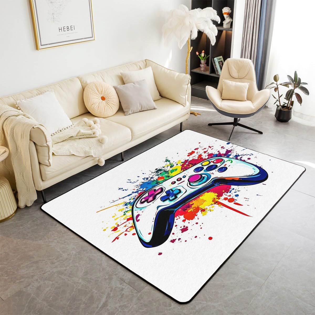 Loussiesd Dywan do salonu dla graczy, 100 x 150 cm, gamingowy dywan akcentujący dla chłopców, dziewcząt, nastolatków, nowoczesny kontroler konsoli do gier, wewnętrzna mata podłogowa, joystick, biała,