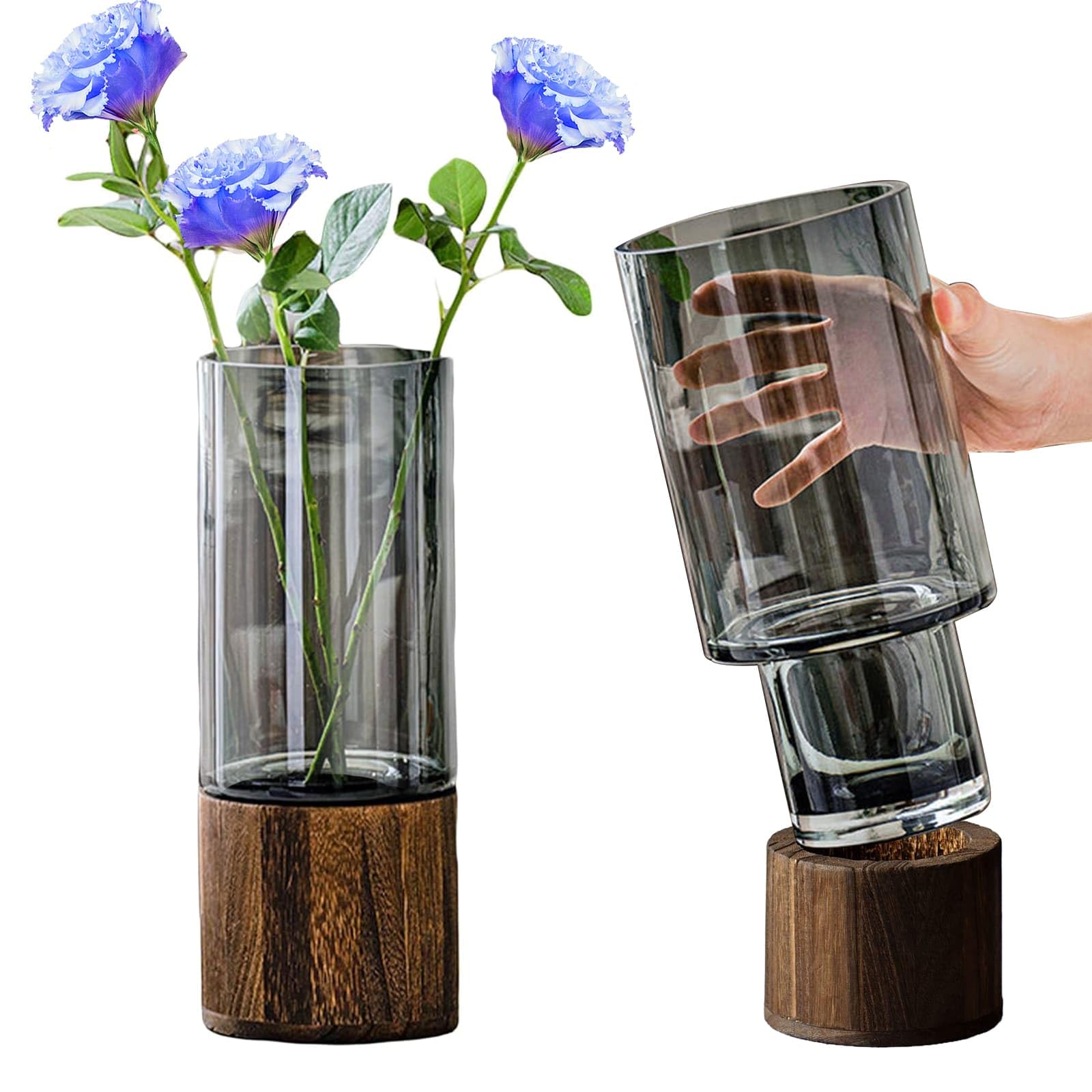 Dyuee Smoked Grey Clear Glass Vase Cylindrical Smoked Grey Flower Vase With Wooden Base Plant Vases
