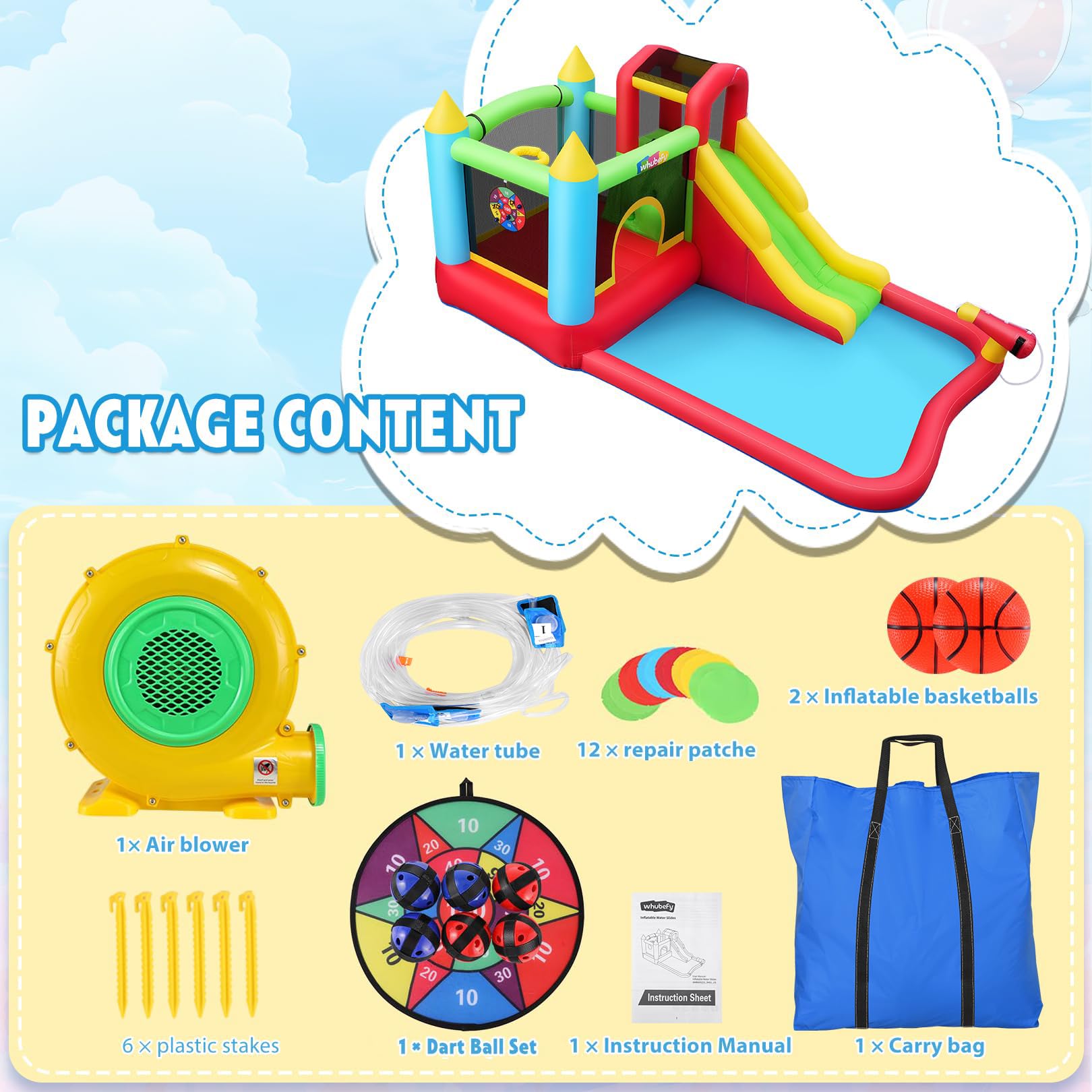 Castello gonfiabile per bambini,Con Scivolo,Castello d’Acqua Set, Trampolino, Piscina e Canestro da Basket, ottimo regalo per la festa in giardino nel parco acquatico, con ventilatore