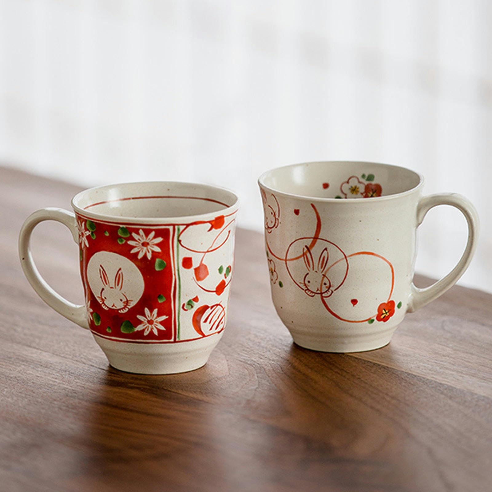 CAPIJIONG Süßes Kirschblüten-Hasen-Keramiktasse, handgezeichnetes Cartoon-Nachmittagstee-Set – Windblume, Schneehase, fünfteiliges Schüssel-Set (groß)
