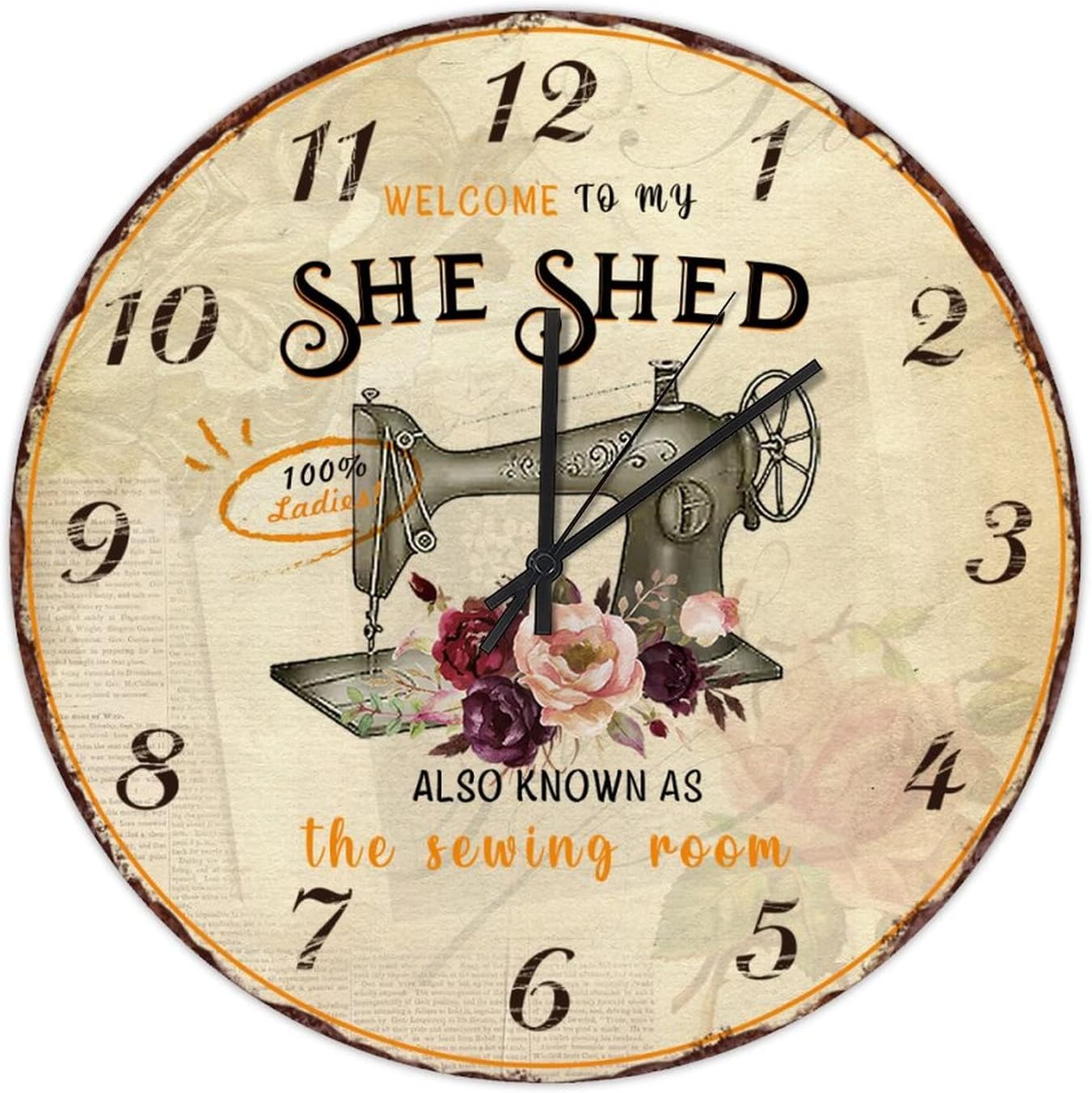 Vintage Round Wood Clock Welcome to My She Shed Sewing Room Floral Farmhouse Wooden Wall Clock 15 Inch Silent Non-Ticking Battery Operated Clock for Living Room Office Wall Art For Home Decor