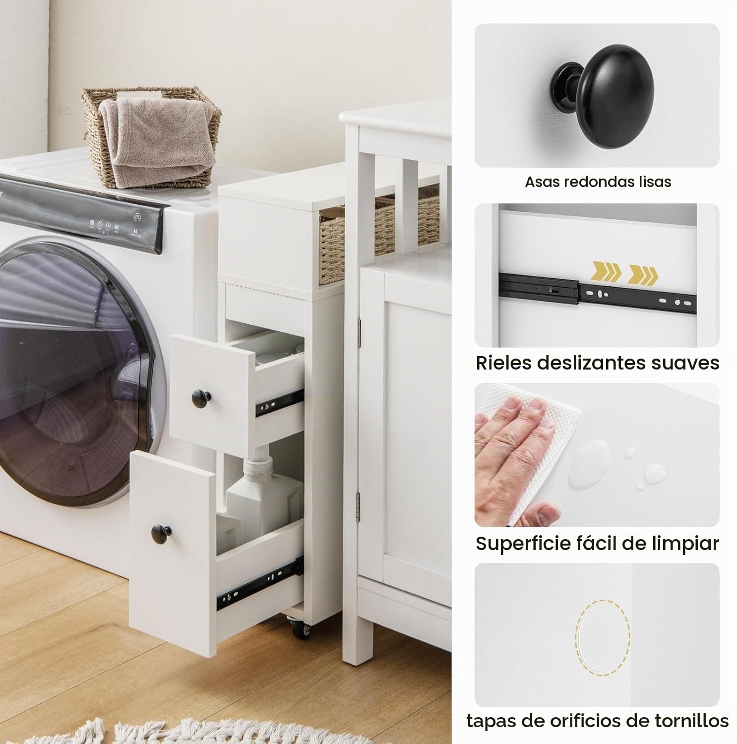FANTASK Carrito nicho con Ruedas, 50 x 19 x 72 cm, cajones de Mimbre y portaescobillas, Armario Estrecho para baño, Color Blanco