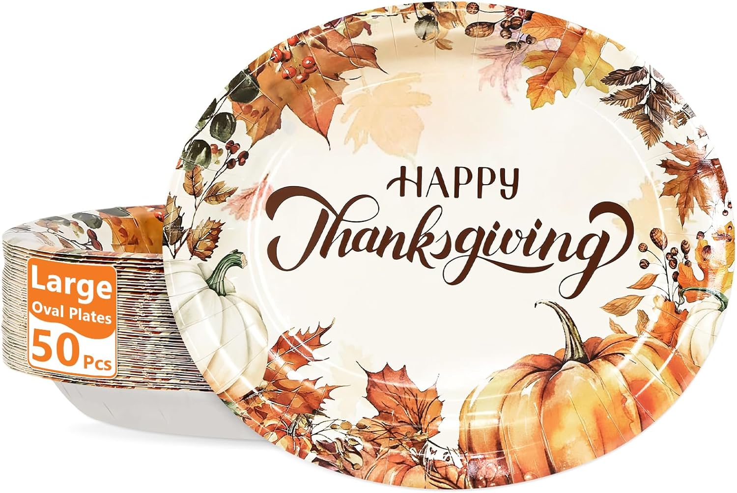 LANLISA 50 Thanksgiving Paper Plates Disposable, 10" X 12.5" Heavy Duty Oval Plates Dinnerware for Thanksgiving Dinner Party Supplies