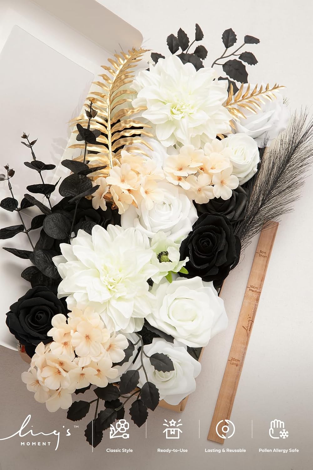Ling's moment Fake Flowers Box, Faux Artificial Greenery Stems Foam Roses Silk Dahlia Hydrangea Eucalyptus Fabic Flower for Centerpieces Bouquet Wedding Vase, White & Black & Golden, Deluxe Combo