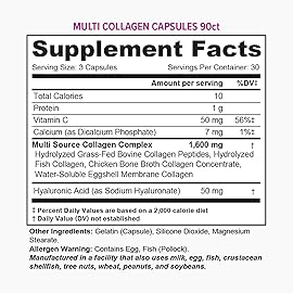 Multi Collagen Peptides Capsules for Women - Hydrolyzed Collagen for Women Pills with Types I II III V & X Plus Vitamin C & Hyaluronic Acid for Beautiful Hair Skin and Nails - 30 Servings