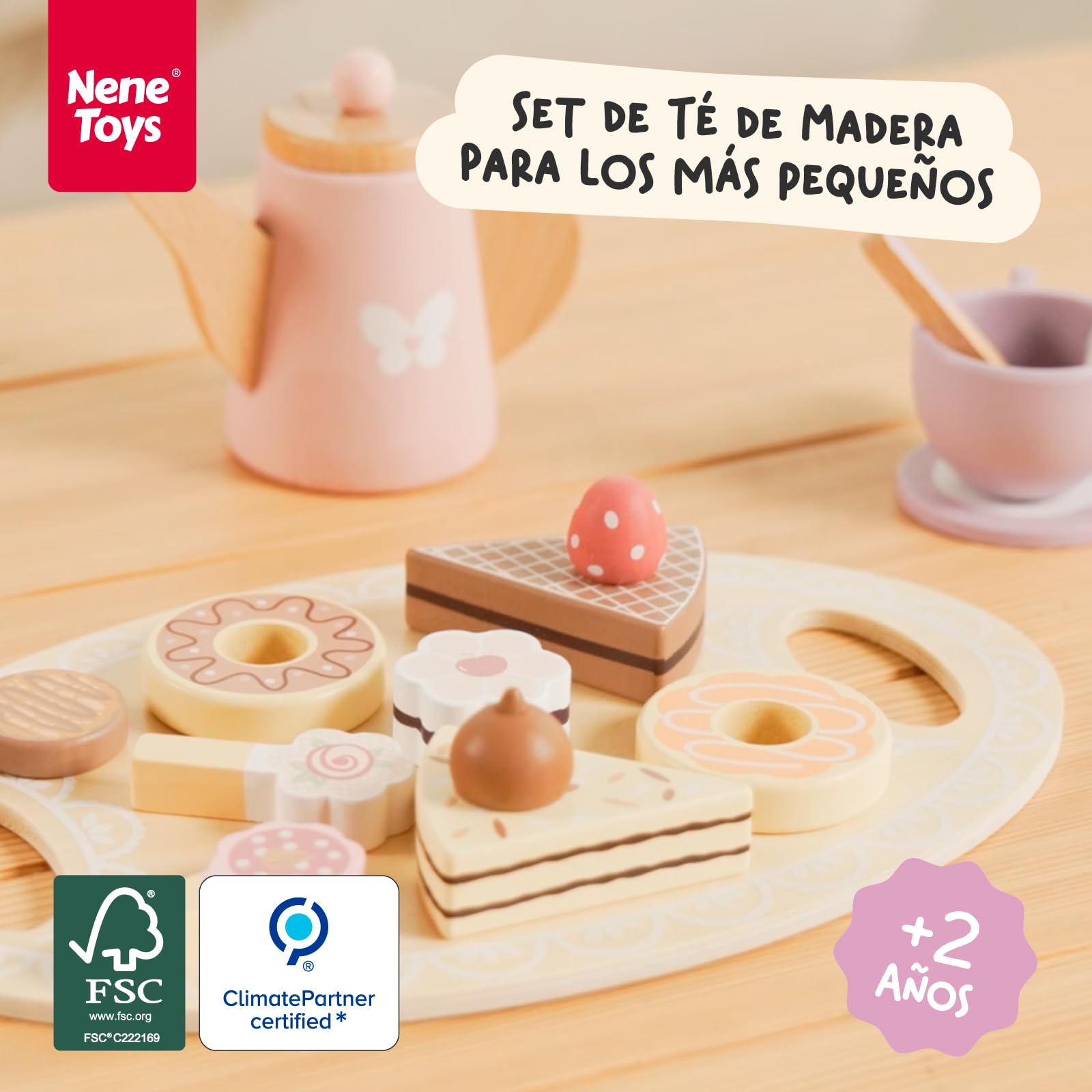 Nene Toys Set de Té de Madera para Niños 2 Años – Juego de Té 18 Piezas con Tetera, Bandeja, 2 Tazas & Cucharitas, Bolsitas de Té & Dulces – Juego Simbólico Montessori, Madera FSC® – Juguete 2–5 Años