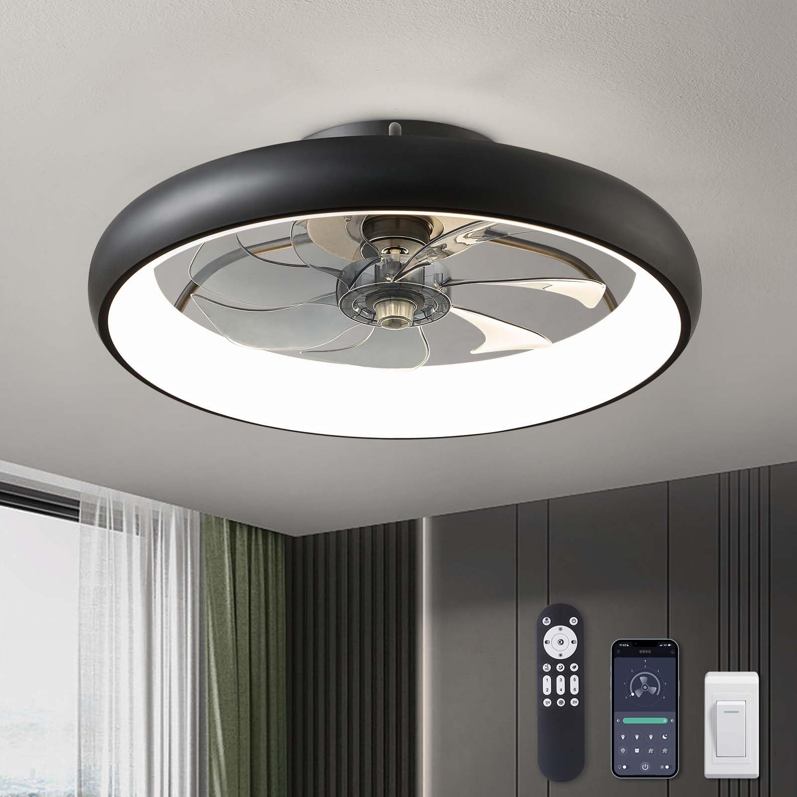 LUDOMIDE Ceiling Fans with Lights 20'' Flush Mount Fan Remote & APP Control Black Low Profile 6 Wind Speeds Smart Dimmable LED for Bedroom Living Room (Y1095-BK-ELE)