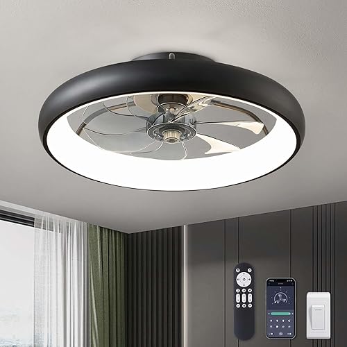 Miniatura 28 de Moderno ventilador de techo de montaje empotrado de 20 pulgadas con luces, 6 velocidades de viento, LED, dormitorio, cocina Negro-Y1095-BK02