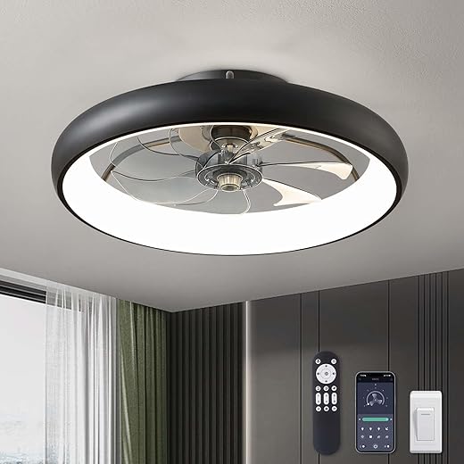Ceiling Fans with Lights 20'' Flush Mount Fan Remote & APP Control Black Low Profile 6 Wind Speeds Smart Dimmable LED for Bedroom Living Room (Y1095-BK-ELE)
