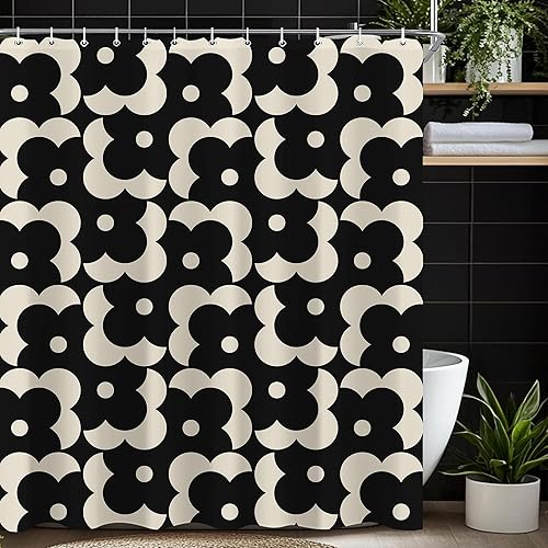 Boho Black and Beige Flower Shower Curtain Sets for Bathroom 60Wx72H Retro 70s Floral Shower Curtain Hippie Funky Polyester Bathtub Curtain Groovy