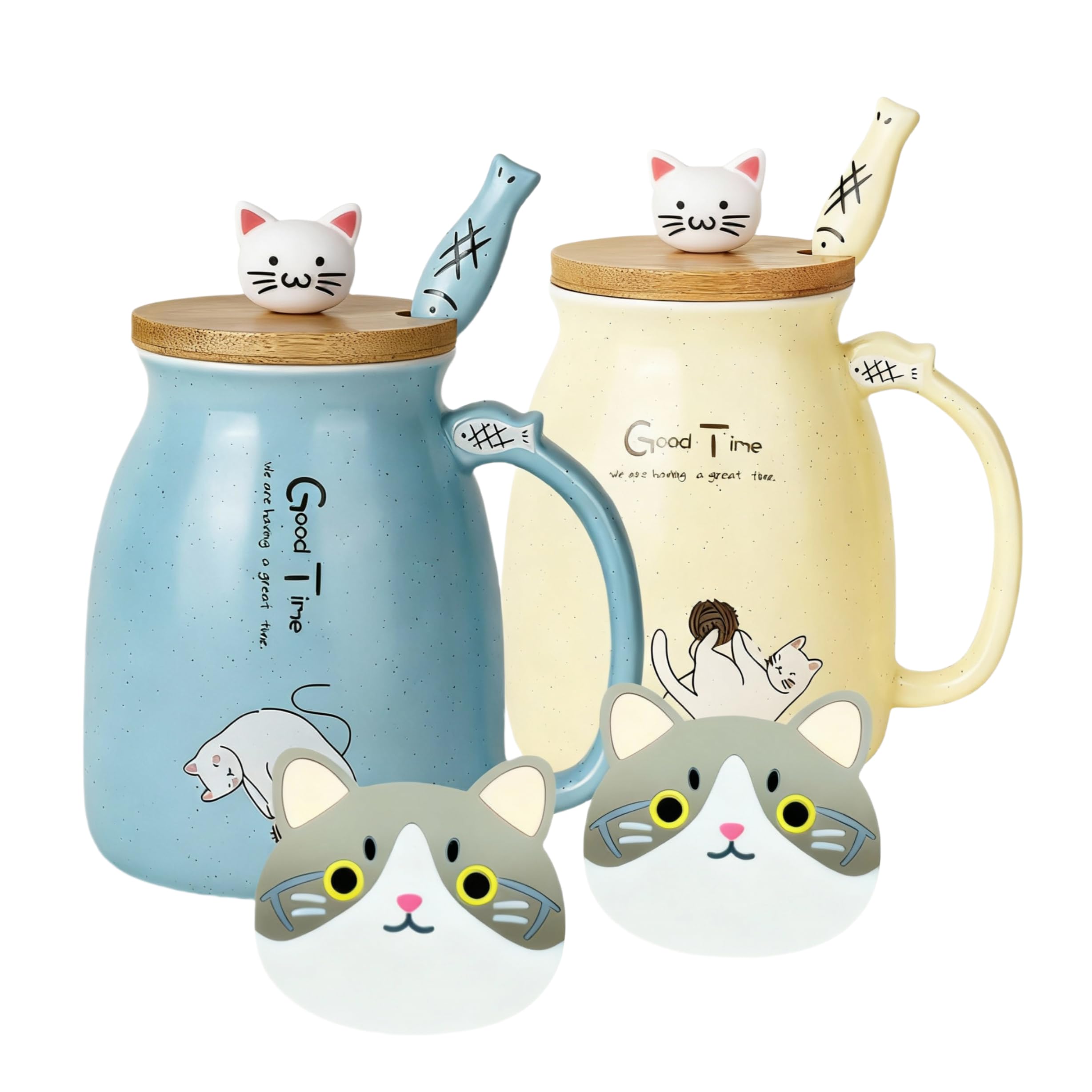 Confezione da 2 tazze graziose con gatto in ceramica, set da 2 con coperchio in bambù e cucchiaino, novità tazzine per caffè, latte e tè con design gatto, tazze per amanti dei gatti, per donne (Blu e