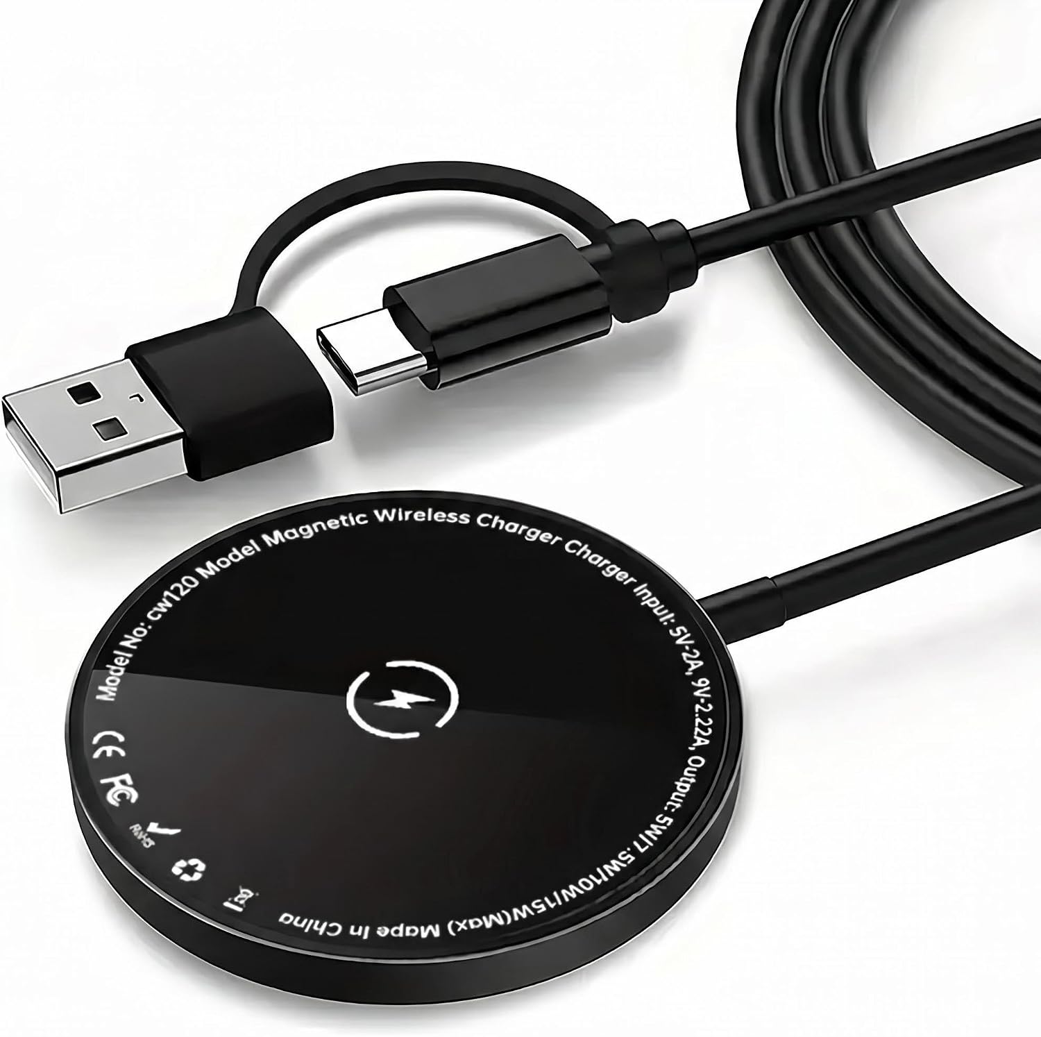 Magnetic Wireless Charger Pad, 15W Fast Charging USB-C Magnetic Charging Cable for iPhone 15/14/13/12 Series, Ultra Slim Portable Magnetic Charging Disc