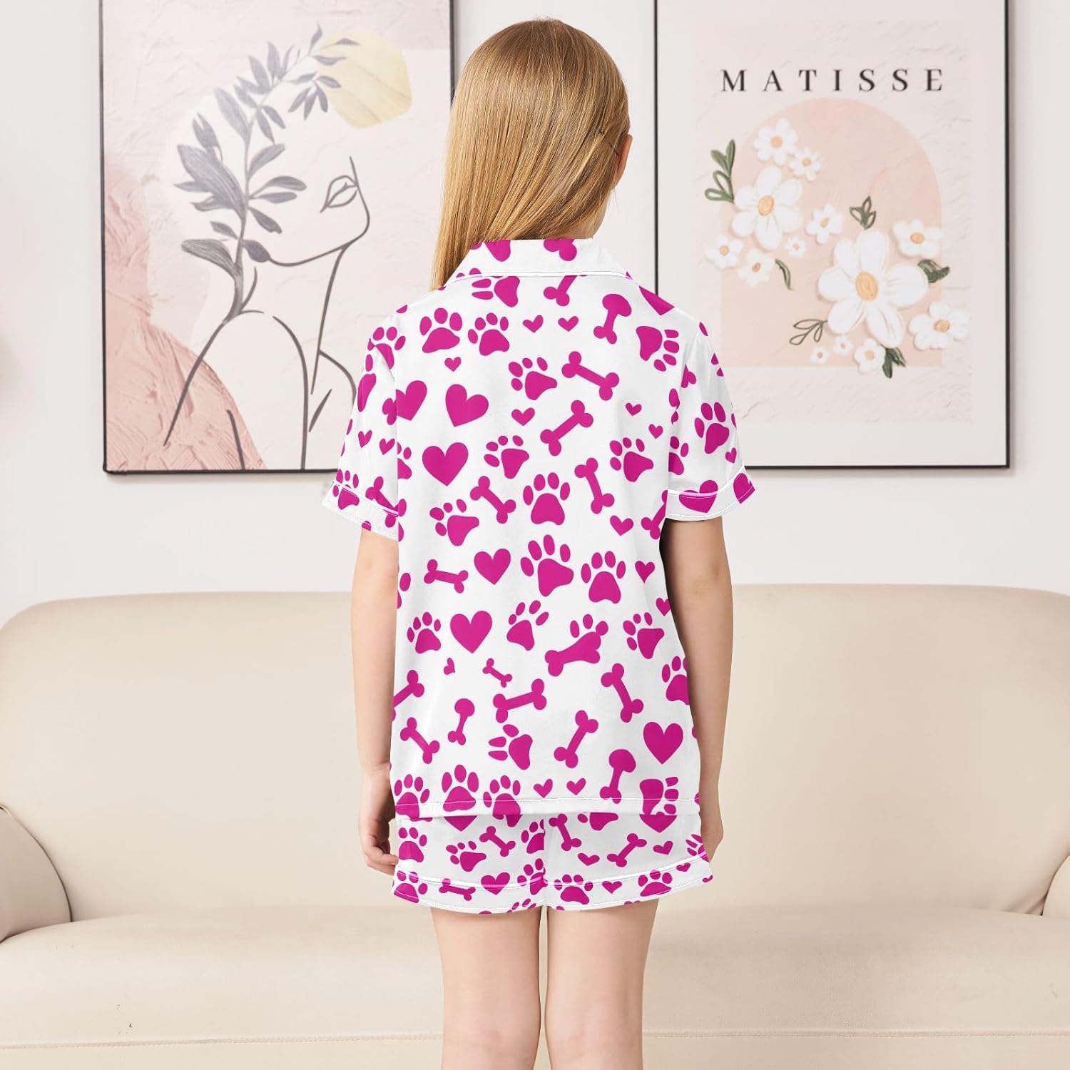 Kids Satin Wear Set Heart Paw Bone Stroke Pink Pattern Relaxed Fit Clothing Short Sleeve and Shorts