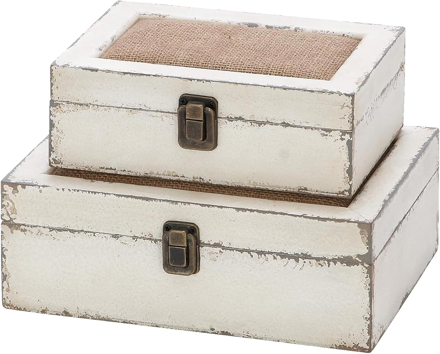 Rustic Ivory Decorative Storage Boxes with Lids Set of 2, Farmhouse Wooden Boxes for Home Decor, Keepsake Boxes Memory Gift Boxes for Living Room, Coffee Table, Entryway, Bedroom