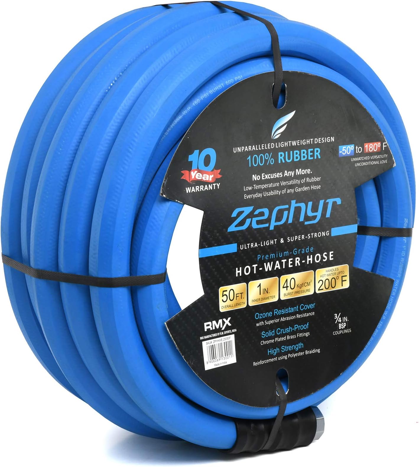 Zephyr Next-Gen Rubber Garden Hose - Ultra-Light Yet Super-Strong - 1in. x 50ft. (15m.) w/ 10 Year Warranty - with Brass End-Fittings | Made in India